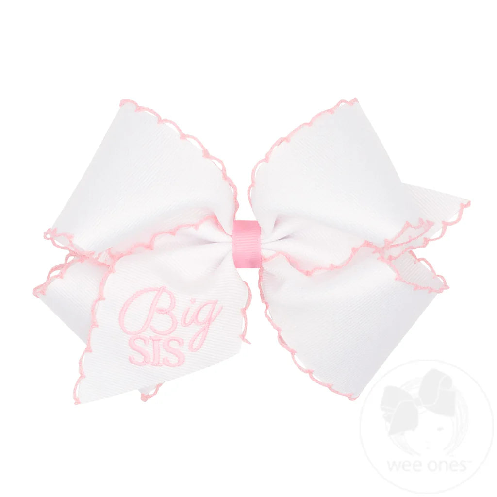 wee ones Hair Bow with Light Pink Moonstitch Edge and Big Sis Embroidery