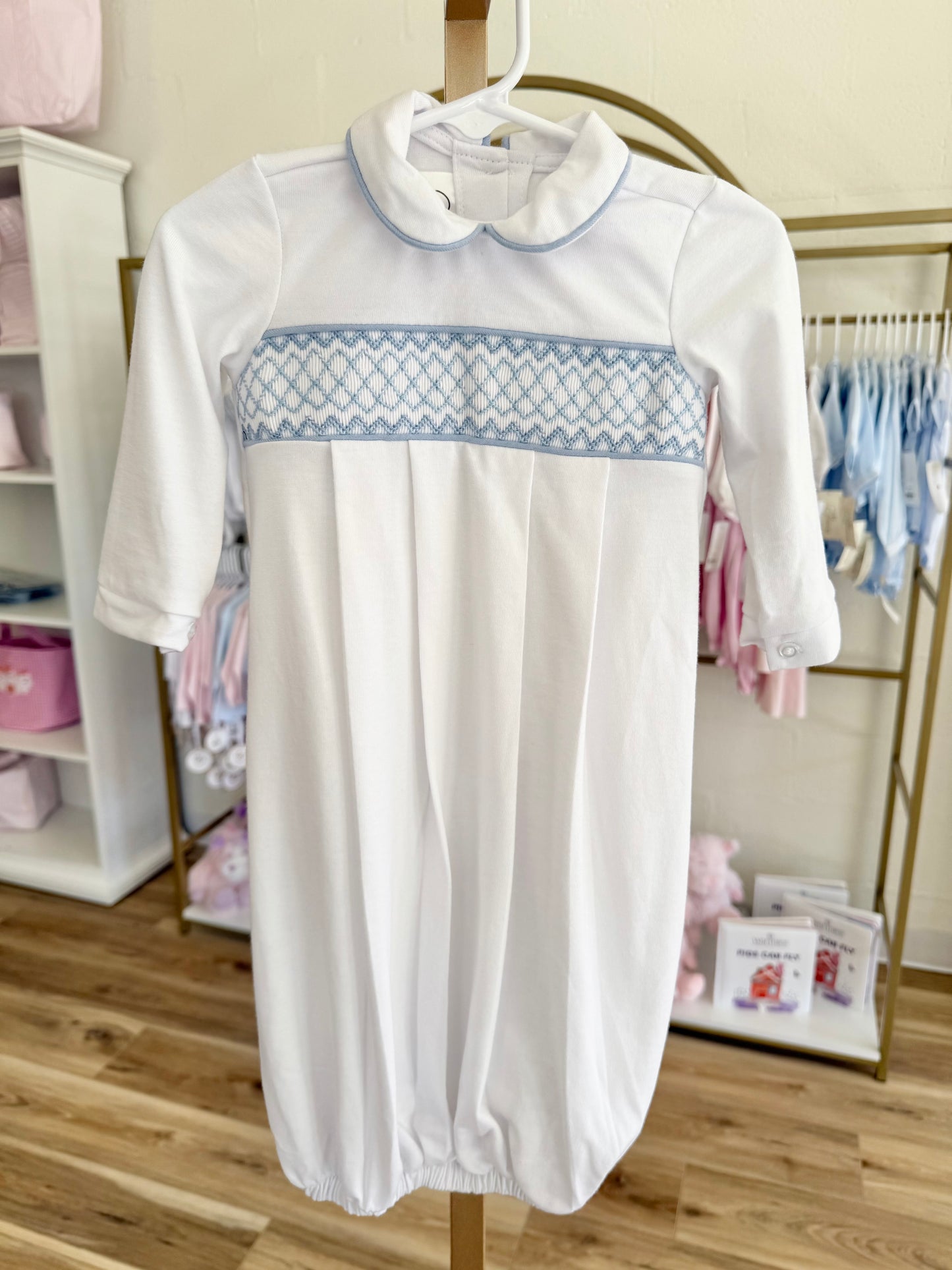 White and Blue Baby Smocked Gown