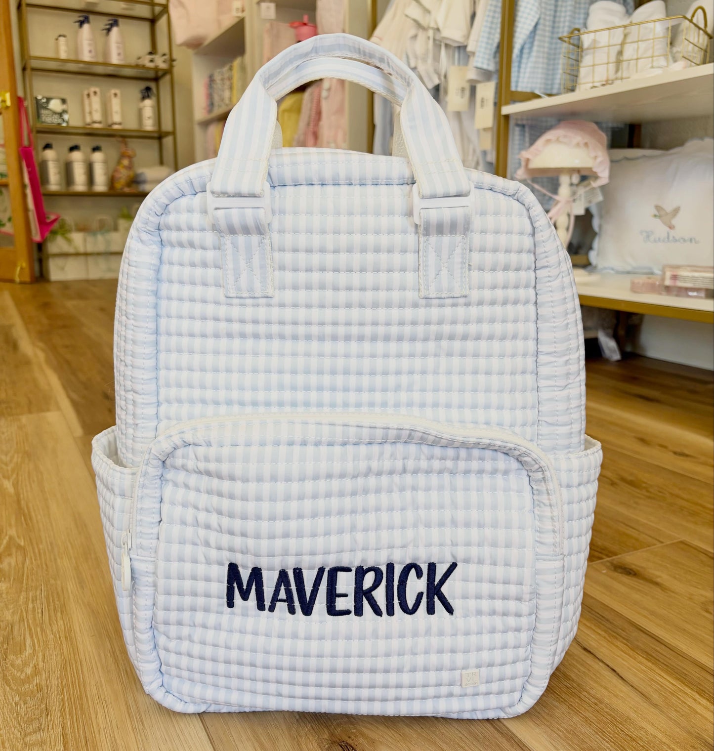 TRVL Blue Pimlico Stripe Quilted All You Need Bag- Carmel Font Name