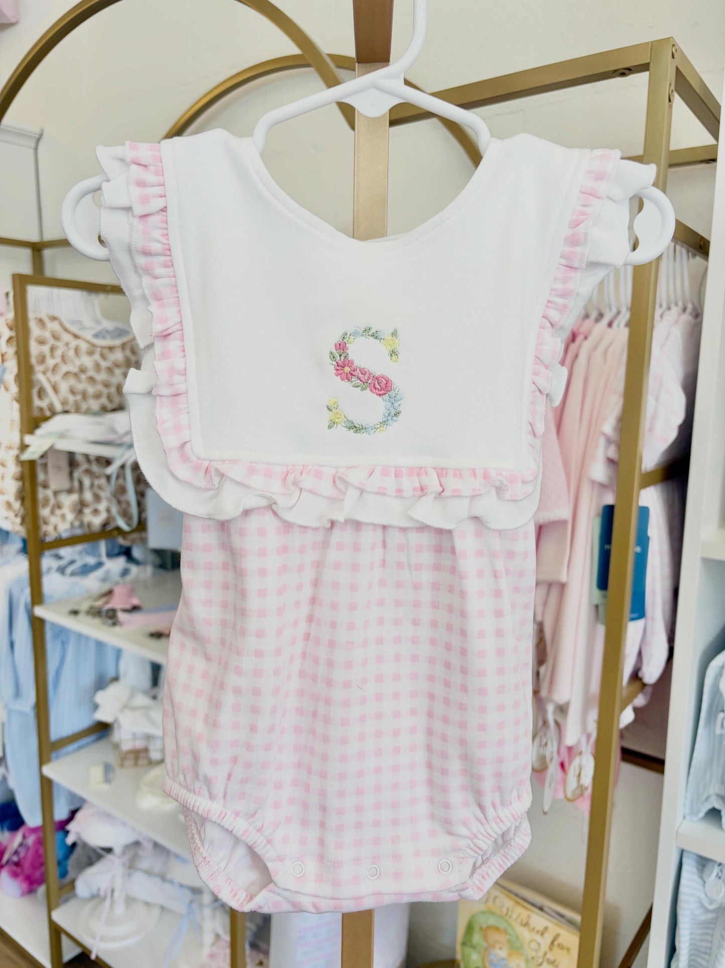 Pink Check Ruffle Bib Bubble- Single Floral Initial