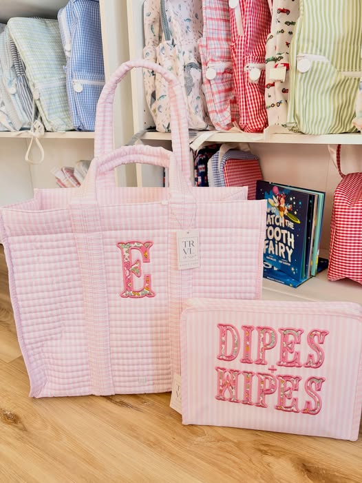 Pink Stripe Quilted Tote with Dipes + Wipes Gift Set