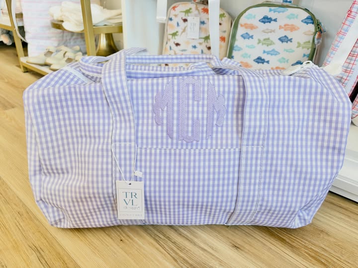 TRVL Lilac Gingham Weekender Duffel Bag - 3 Scalloped Initial