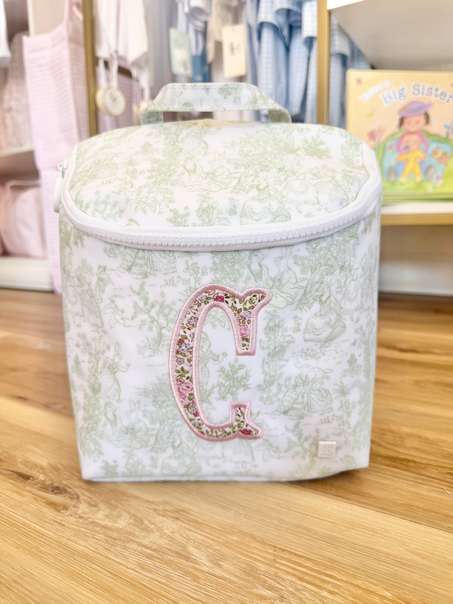 TRVL Green Bunny Toile Take Away Bag (Floral Applique Initial)