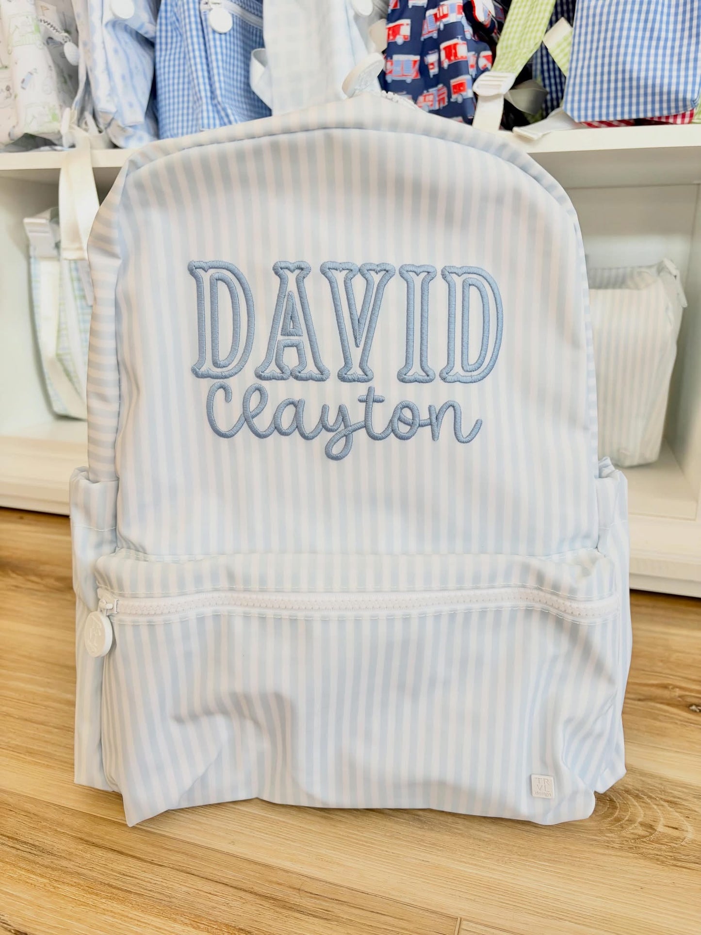 TRVL Blue Stripe Backpack- Benny- Bubbly Font Name