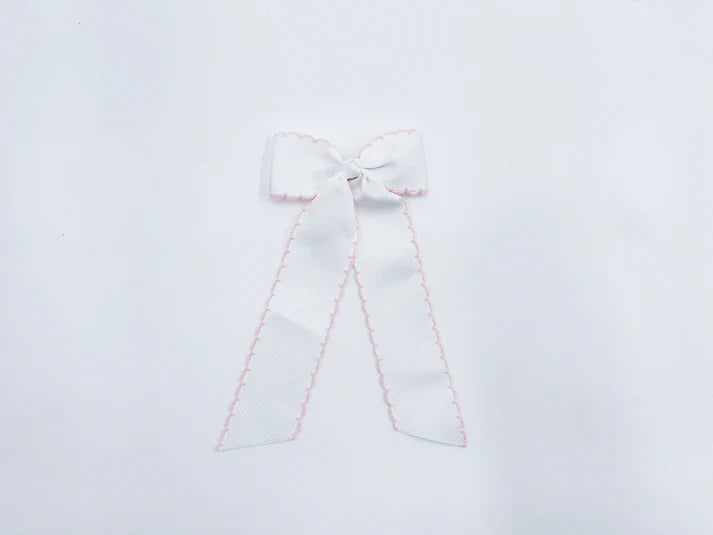 Long Tail White with Light Pink Trim Hair Embroidered Hair Bow