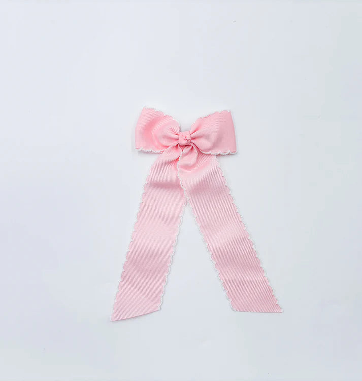 Long Tail Light Pink with White Trim Hair Embroidered Hair Bow