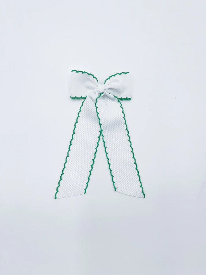 Long Tail White with Green Trim Hair Bow