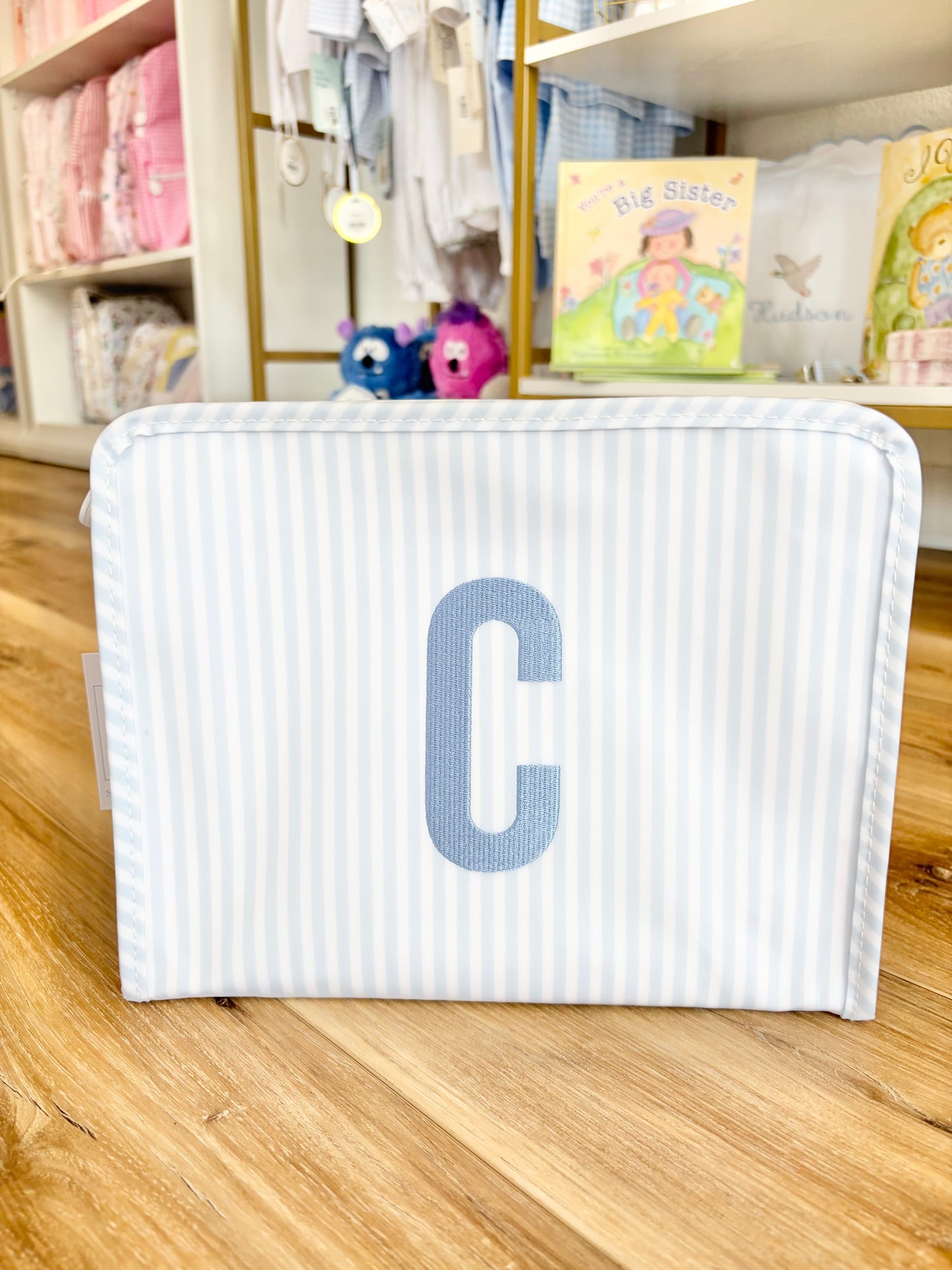 TRVL Blue Pimlico Stripe Large Roadie- Single Initial Applique