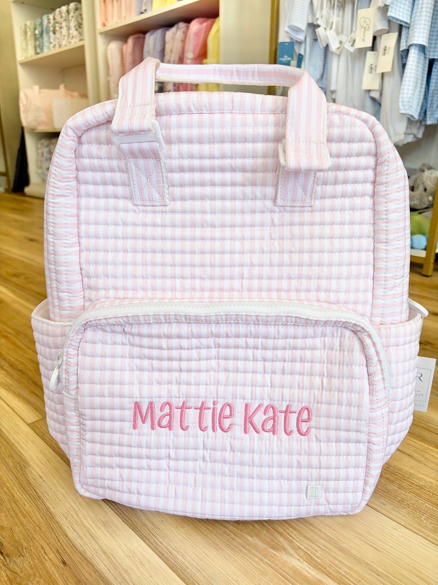 TRVL Pink Pimlico Stripe Quilted All You Need Bag- Carmel Font Name