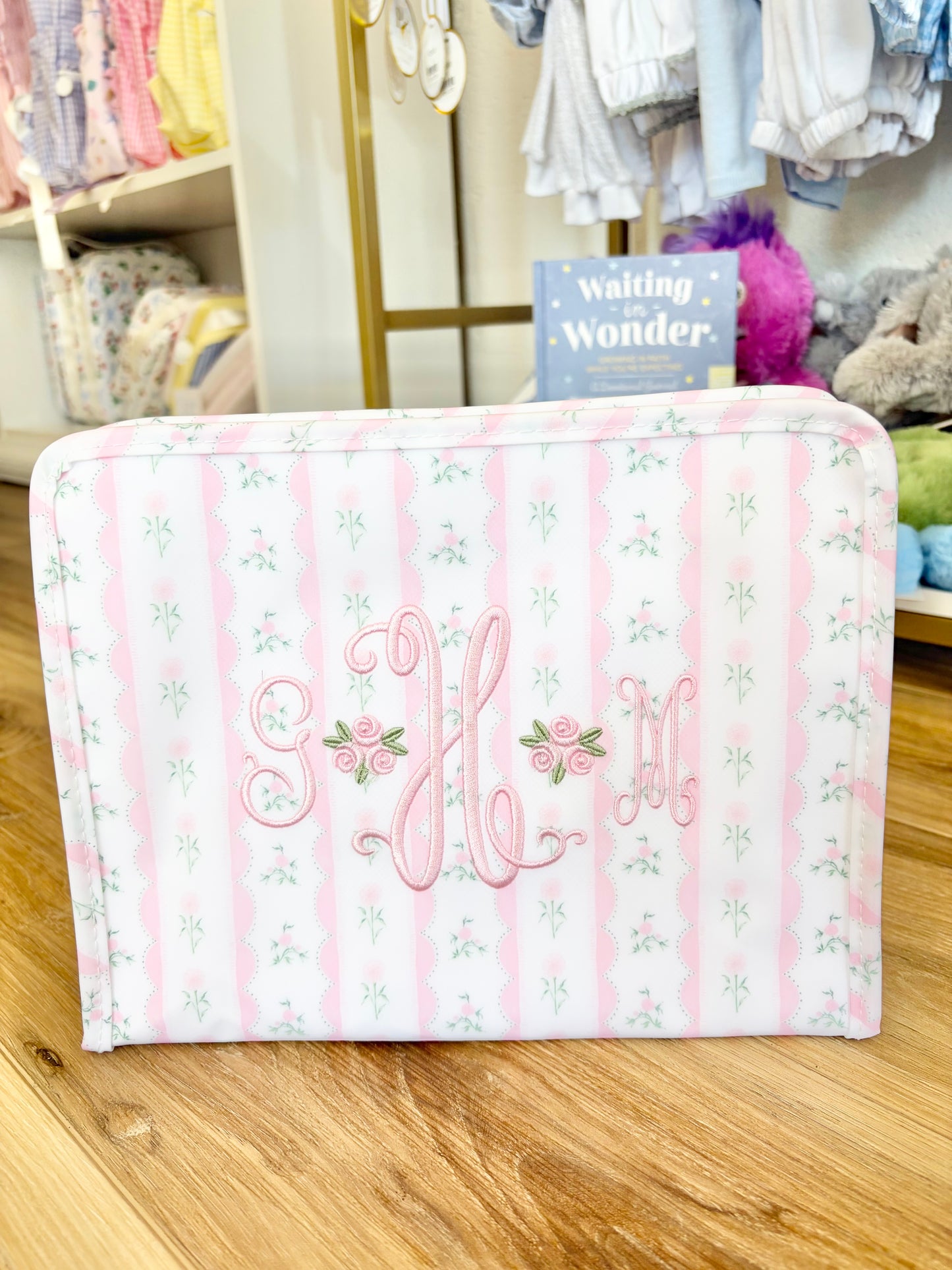 TRVL Pink Ribbon Floral Large Roadie- 3 initials with roses