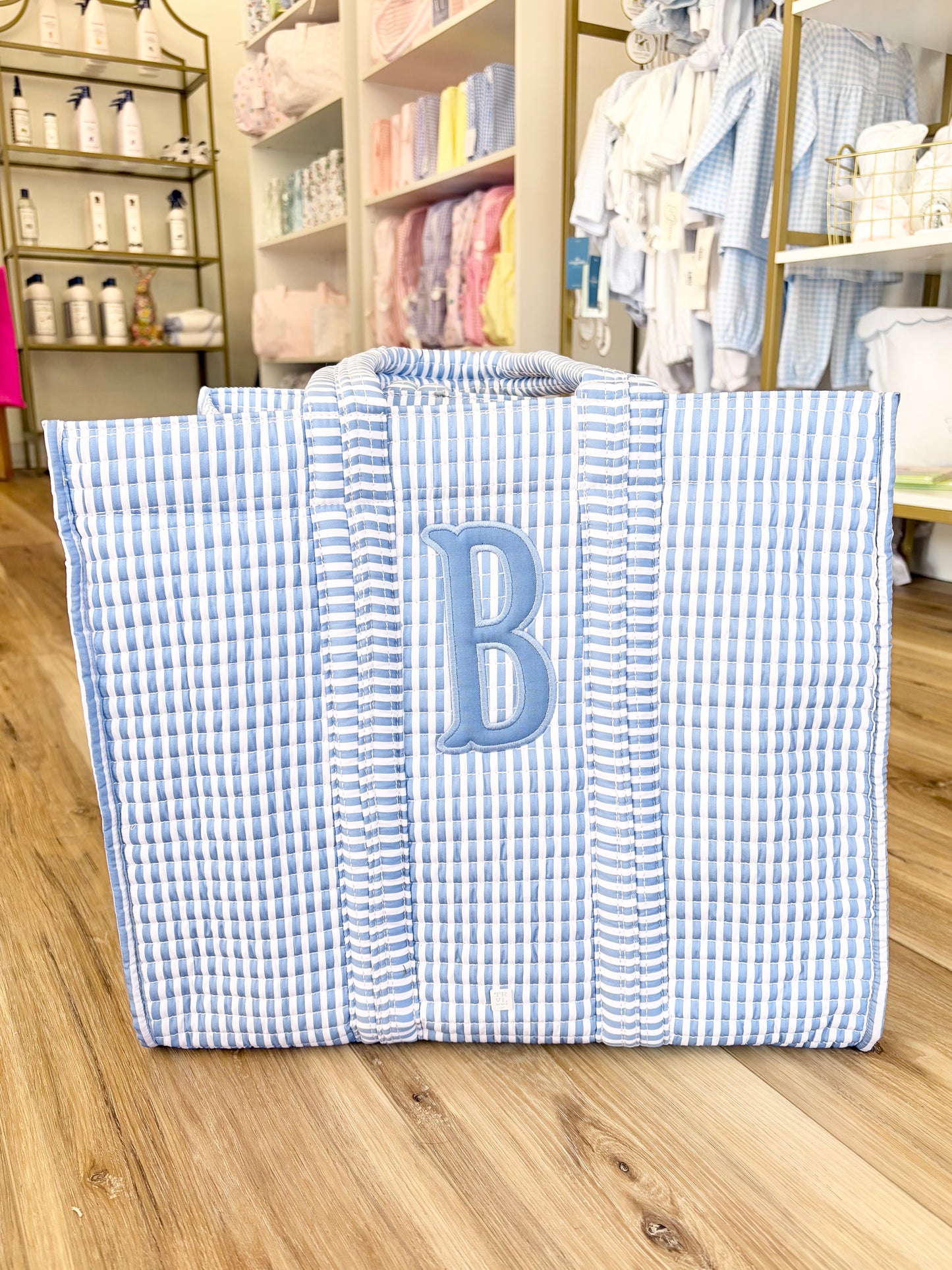 TRVL Chambray Pimlico Stripe Quilted Tote- Single Initial Applique