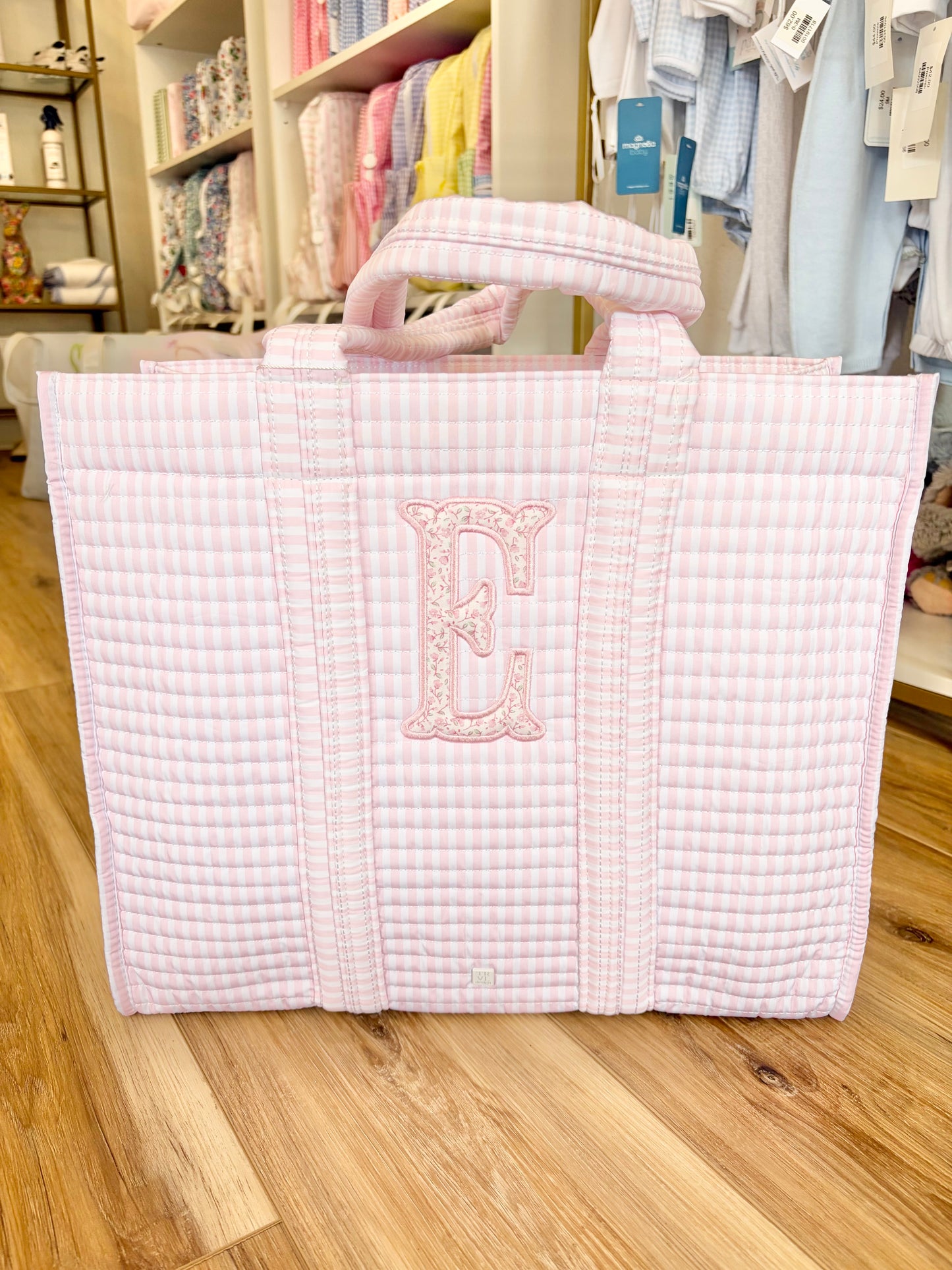 TRVL Pink Stripe Quilted Tote- Single Initial Applique