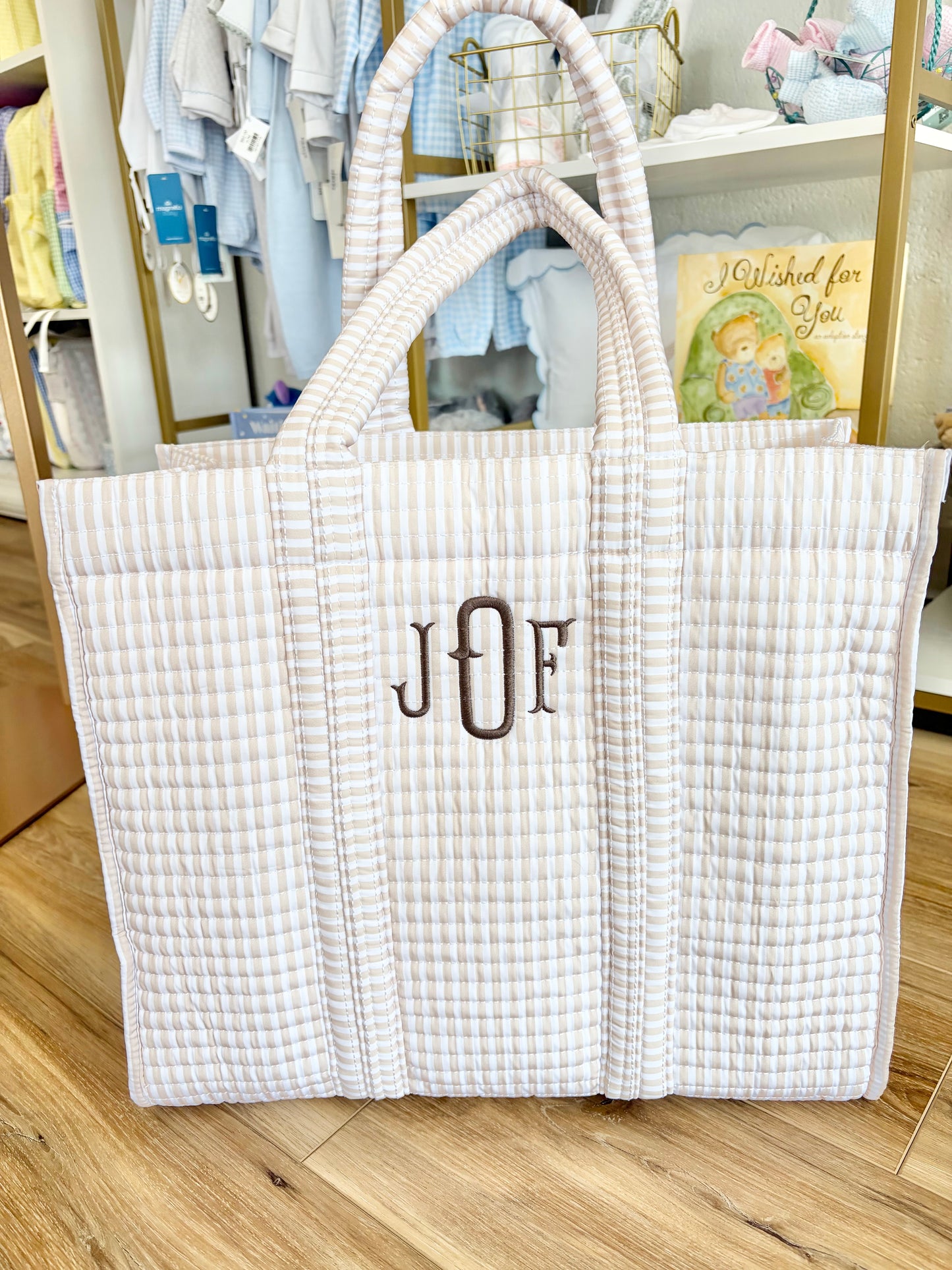 TRVL Sand Stripe Quilted Tote- Fishtail Initials