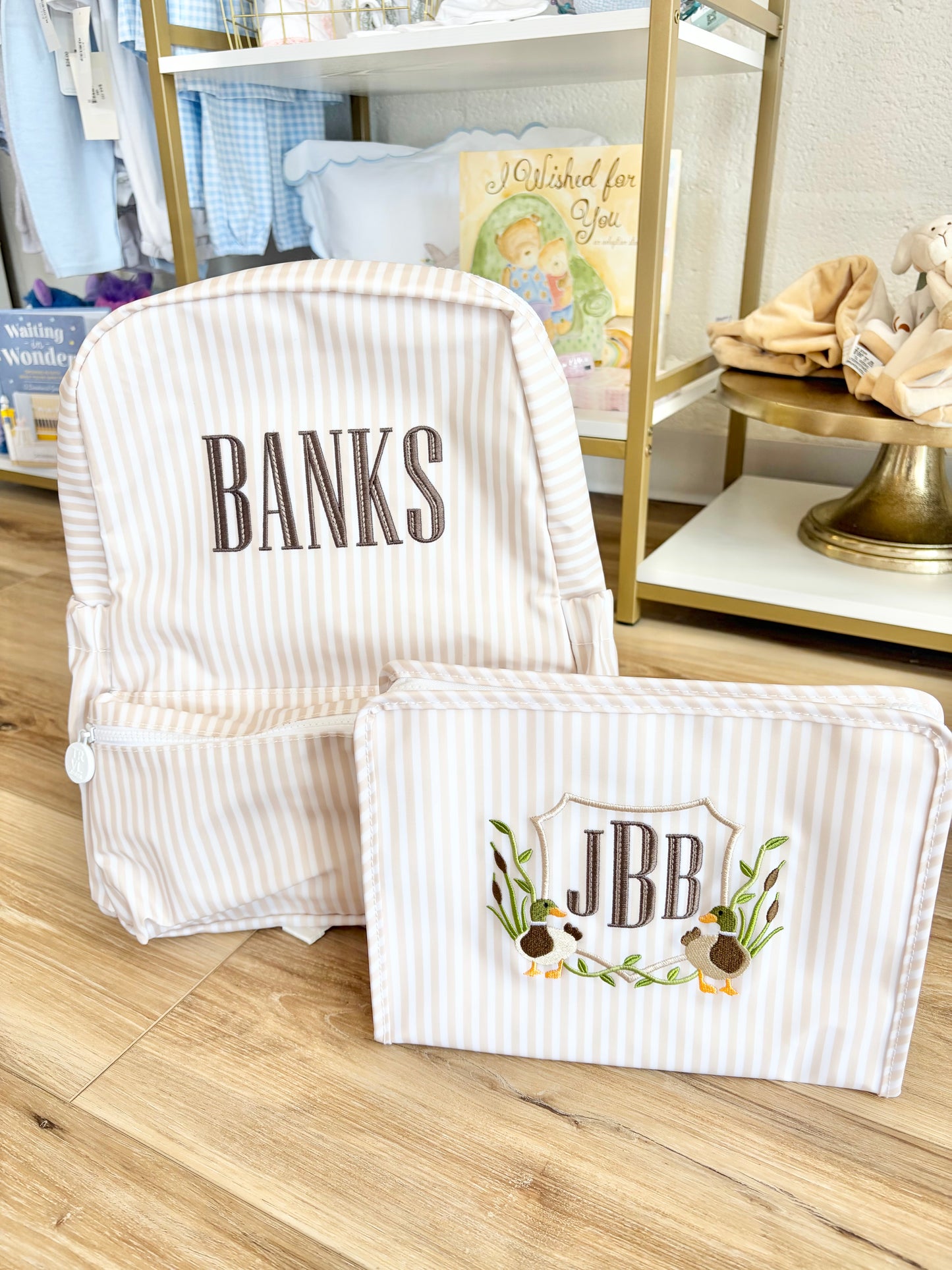 TRVL Sand Pimlico Stripe Backpack- Graved Filled Font