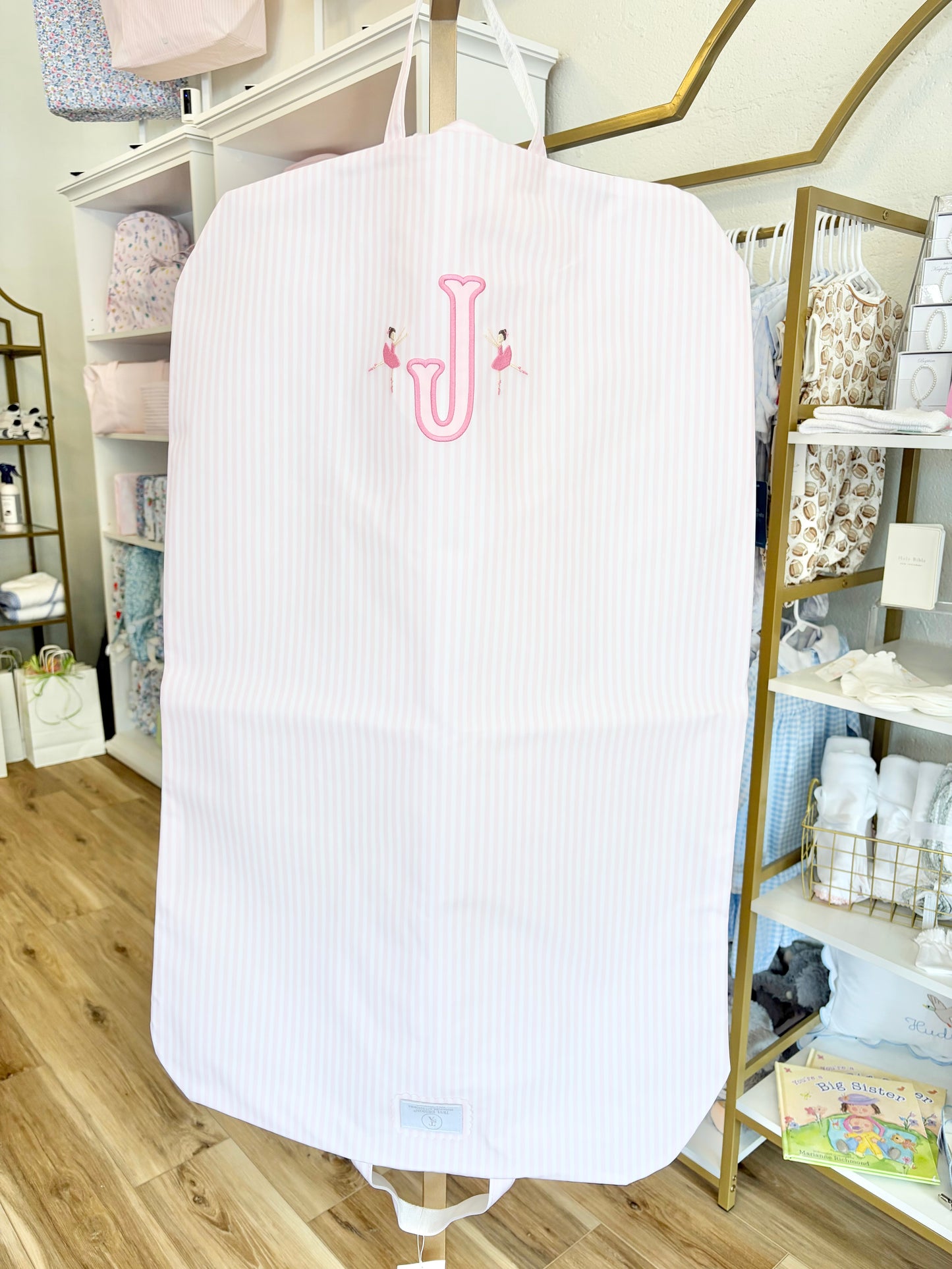 TRVL Pink Stripe Pimlico Garment Bag- Applique Single Initial with Tiny Dancers