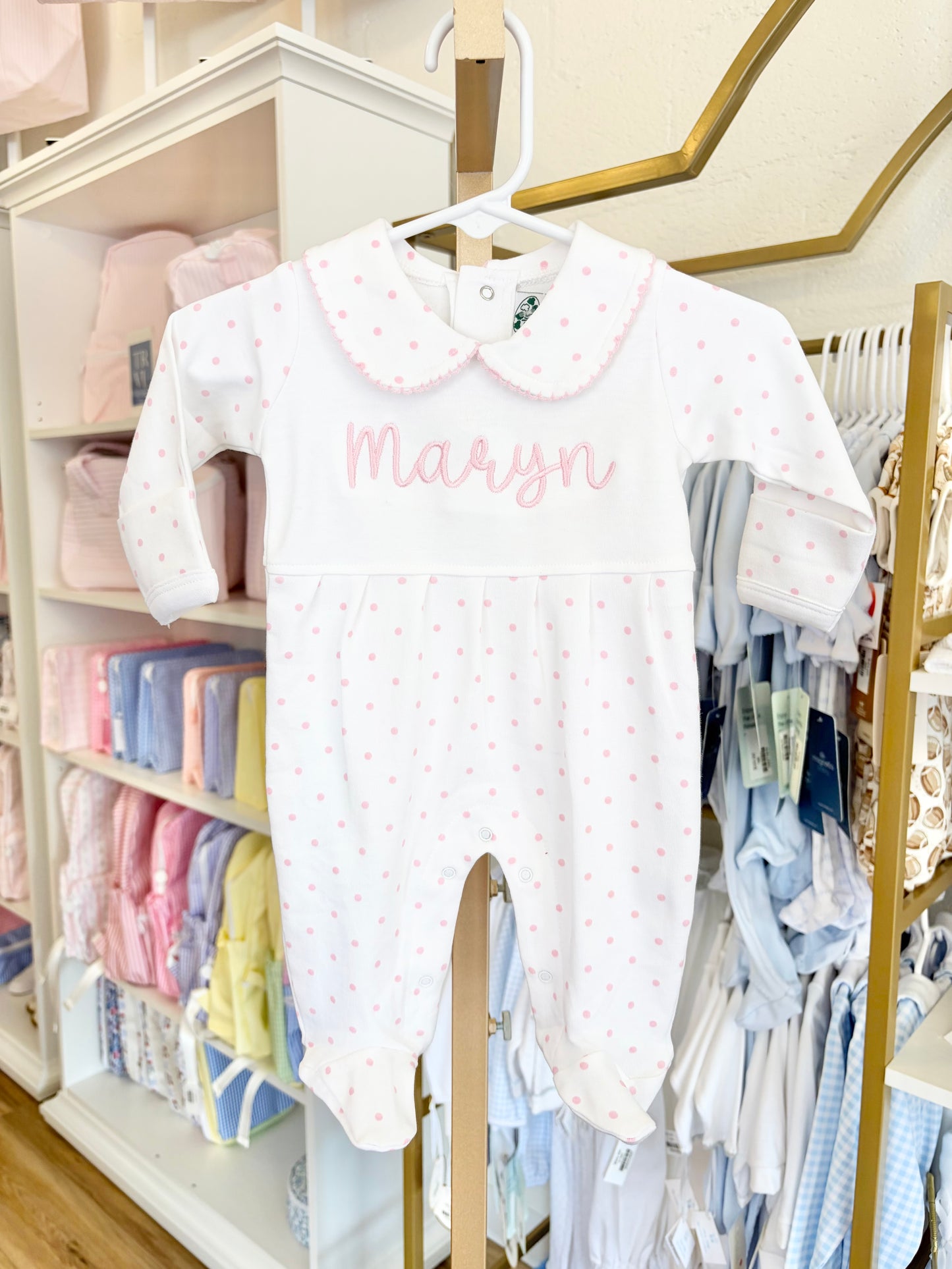 Pink Dot Collar Footie - Bubbly Font Name