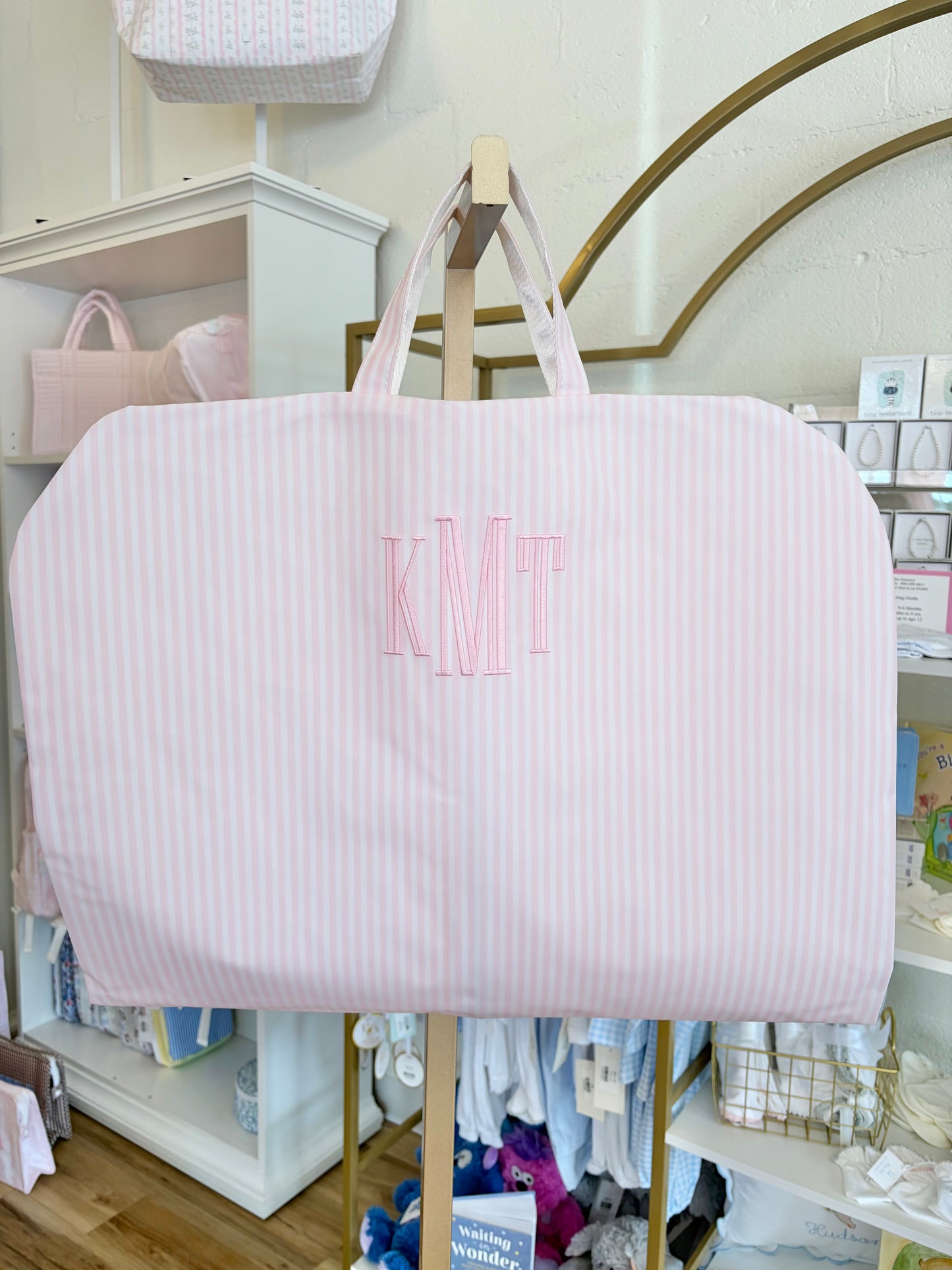 TRVL Pink Stripe Pimlico Garment Bag- 3 Embroidered Graved Initials