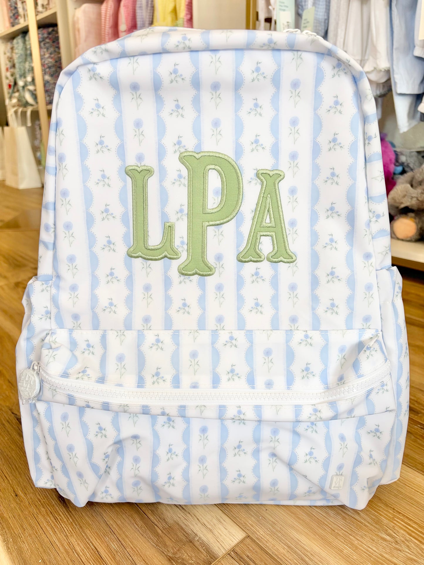 TRVL Blue Ribbon Floral Backpack- 3 Initial Applique