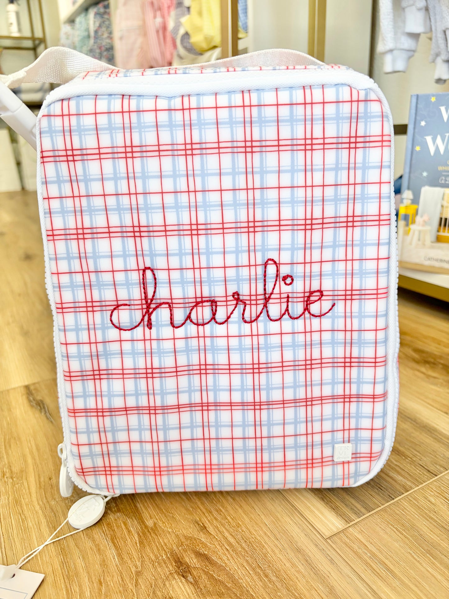 TRVL Classic Plaid Red Insulated Lunch Box- Beckham Font Name