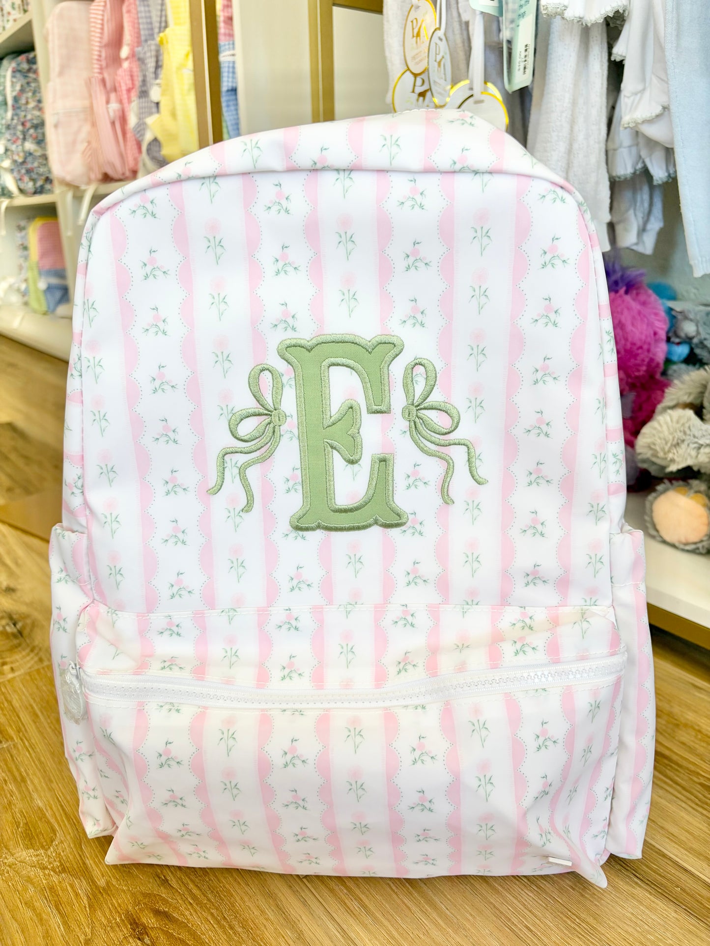 TRVL Pink Ribbon Floral Bakcpack- Single Initial Applique with Bows