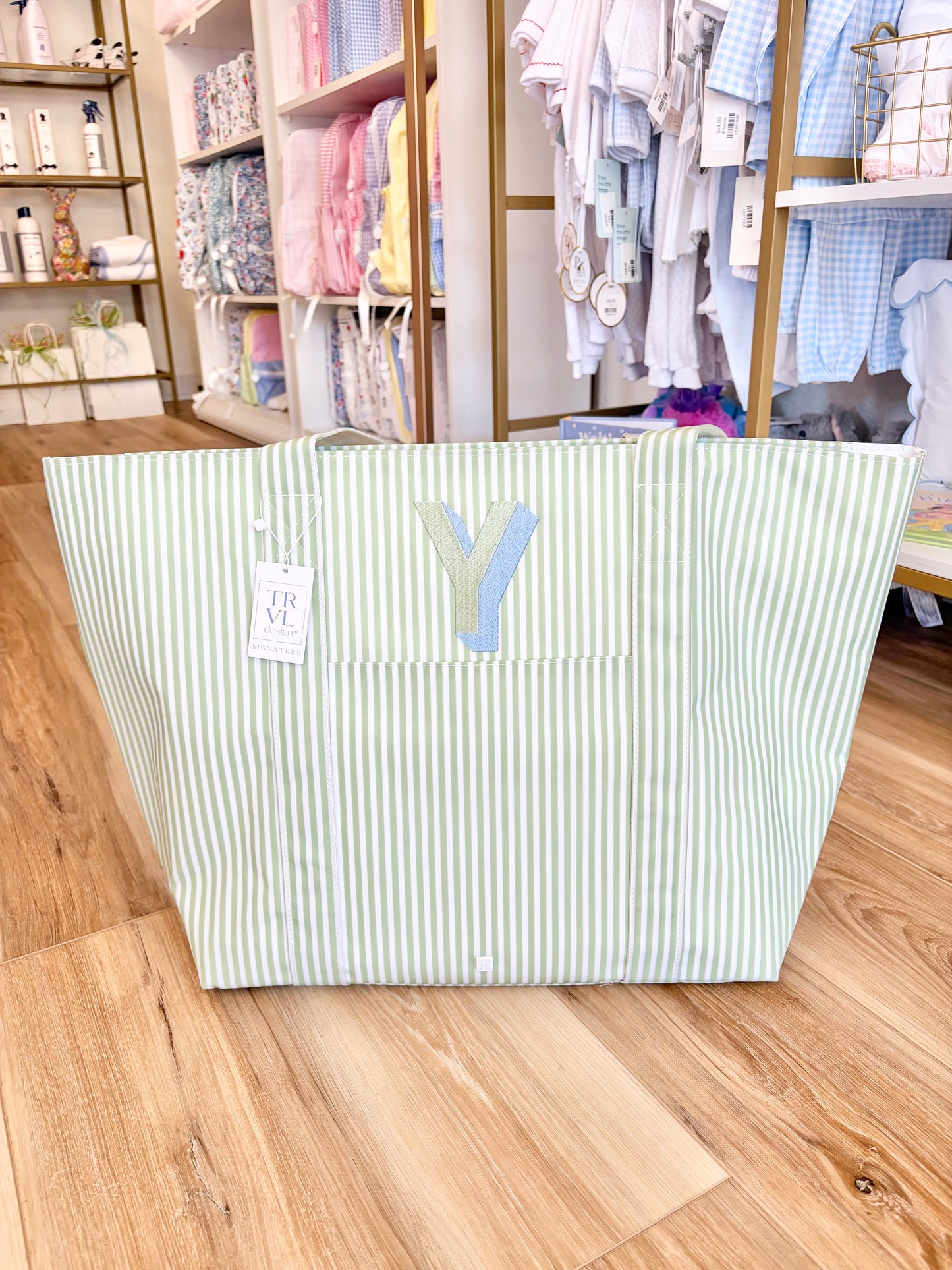 TRVL XL Sage Pimlico Stripe Tote- ABC Font