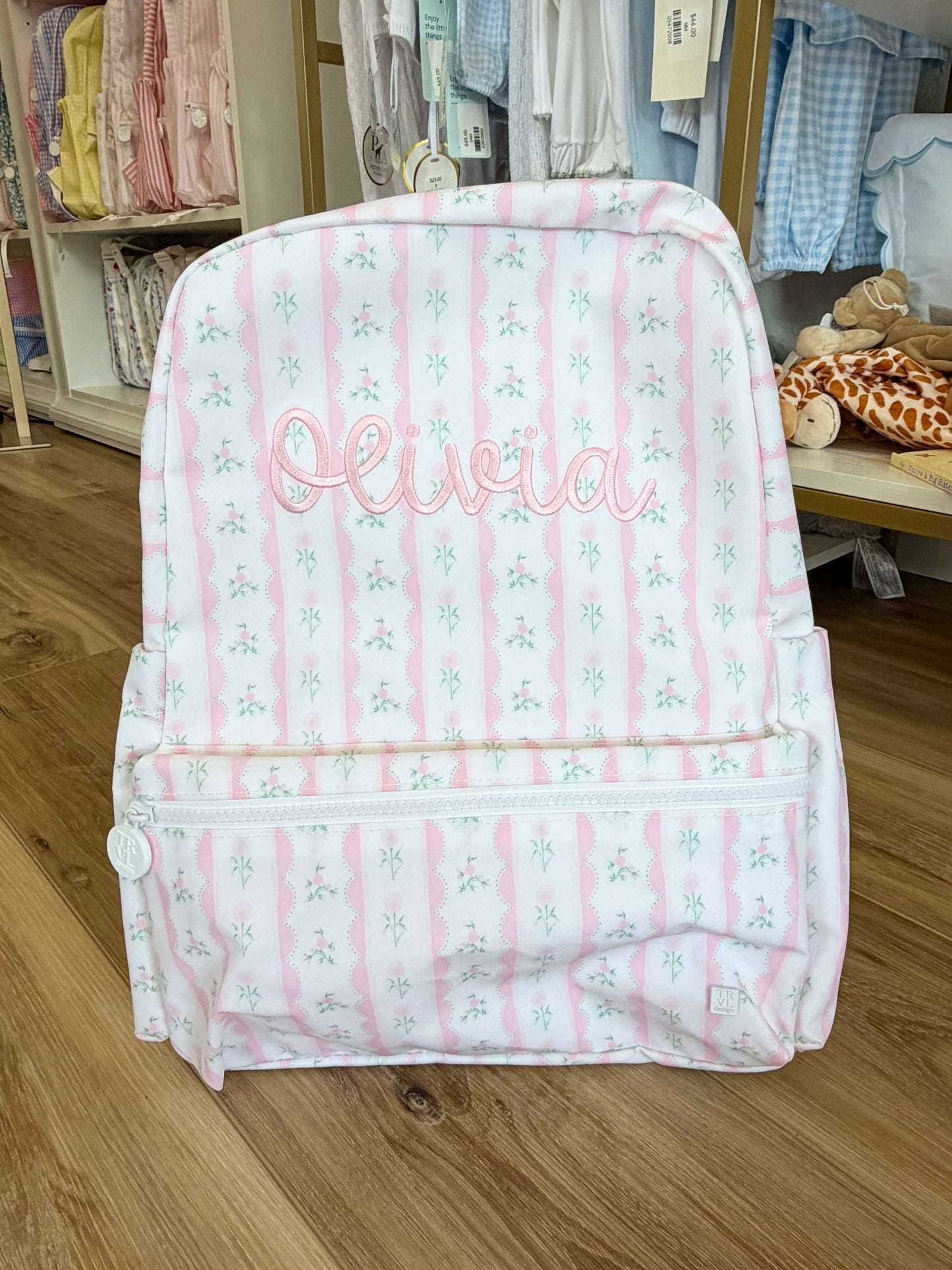 TRVL Pink Ribbon Floral Backpacker - Bubbly Font Name