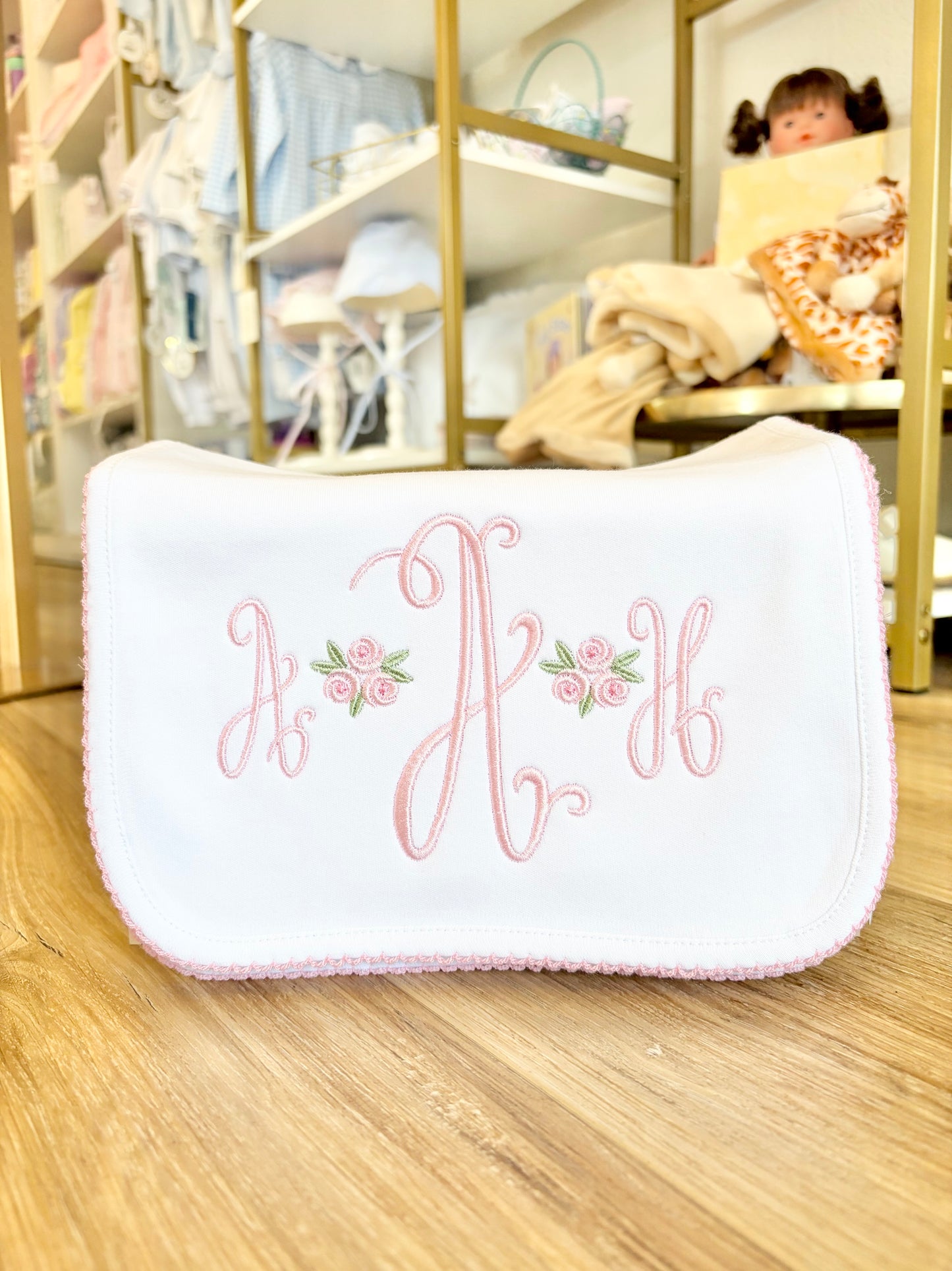 Pink Trim Burp Cloth- 3 Initial Monogram