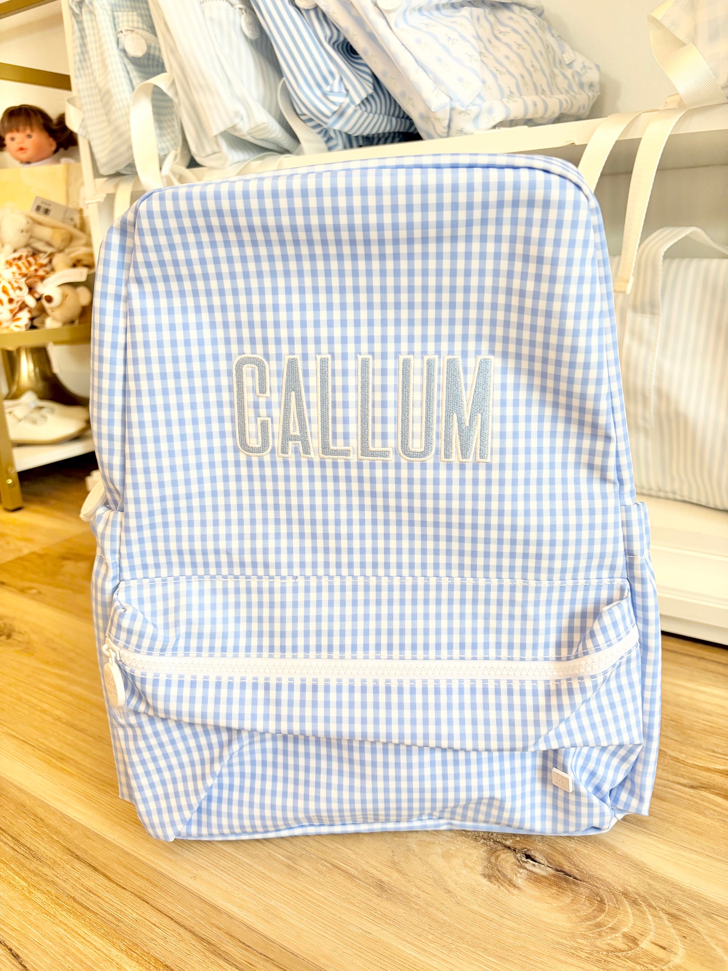 TRVL Gingham Sky Backpack- Beau Font Name