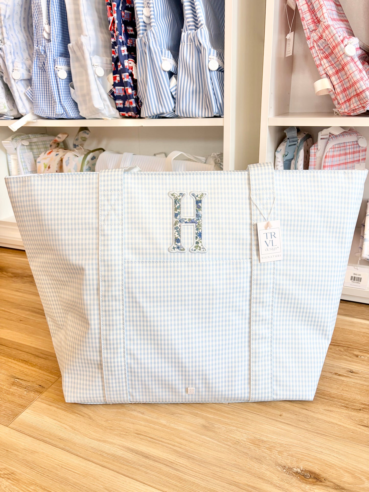 TRVL Gingham Mist XL Tote- Single Initial Applique