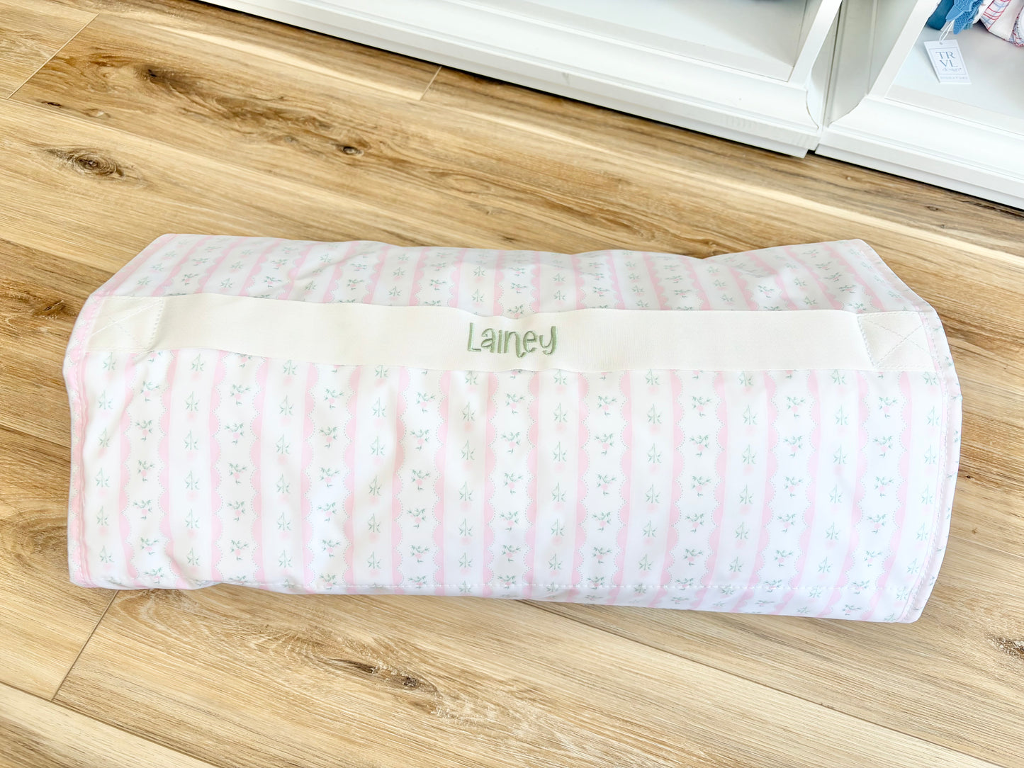 TRVL Pink Ribbon Floral Nap Mat- Susie Font Name