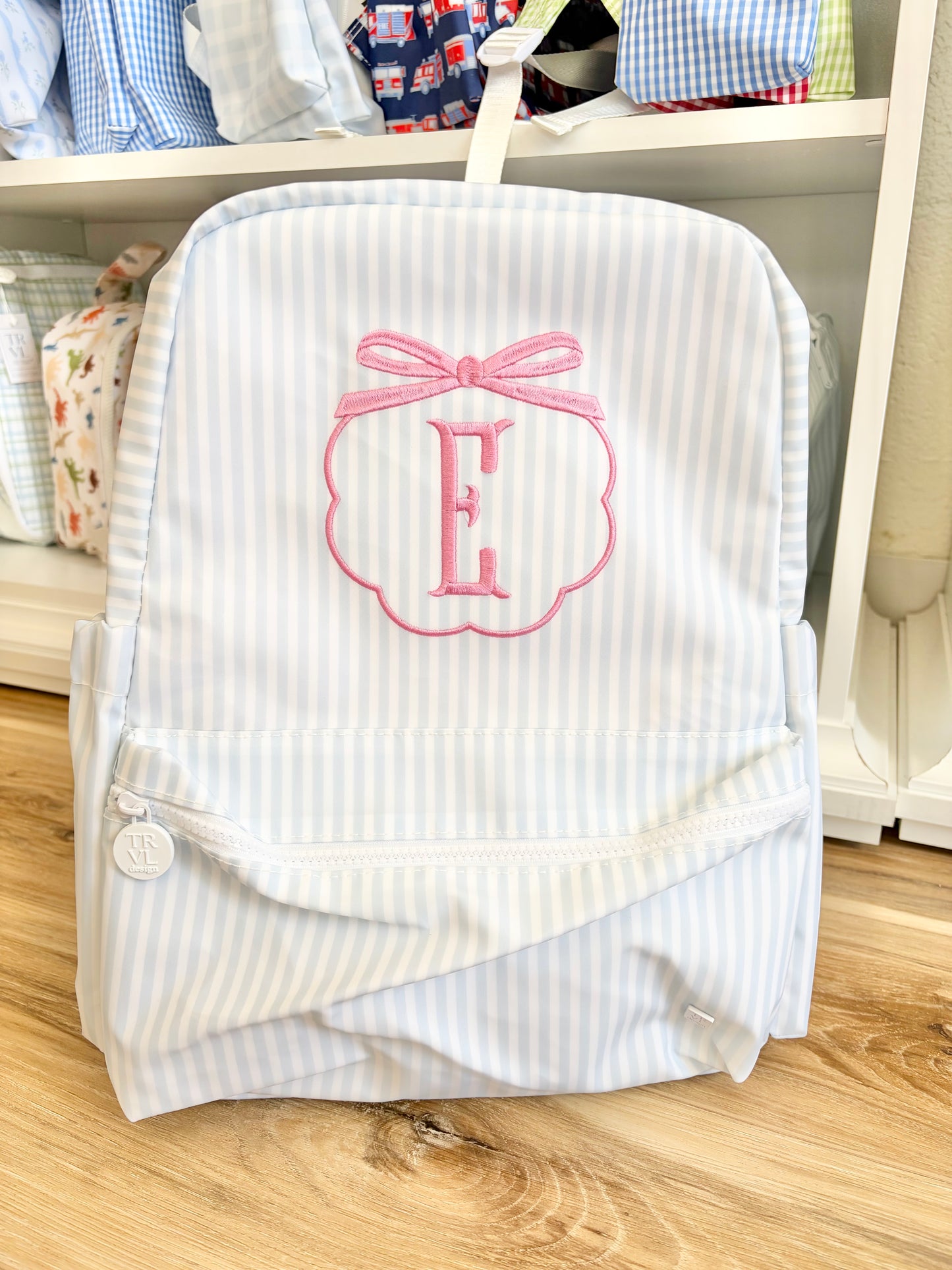 TRVL Blue Stripe Pimlico Backpack with Pink Initial Bow