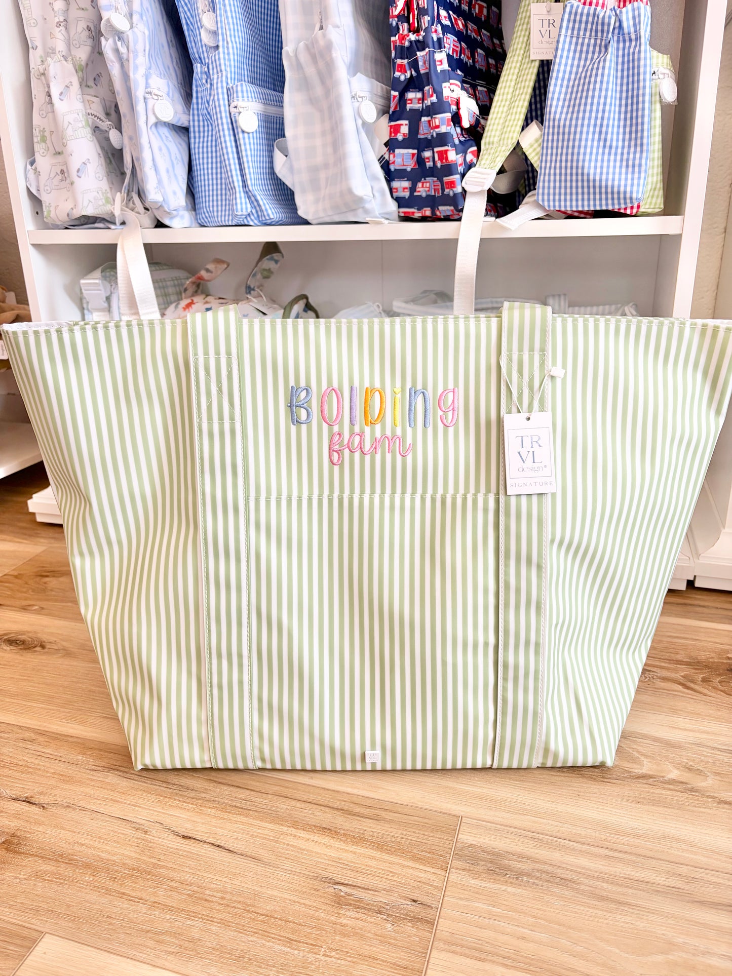 TRVL Sage Stripe XL Tote with Caramel Bubbly Font