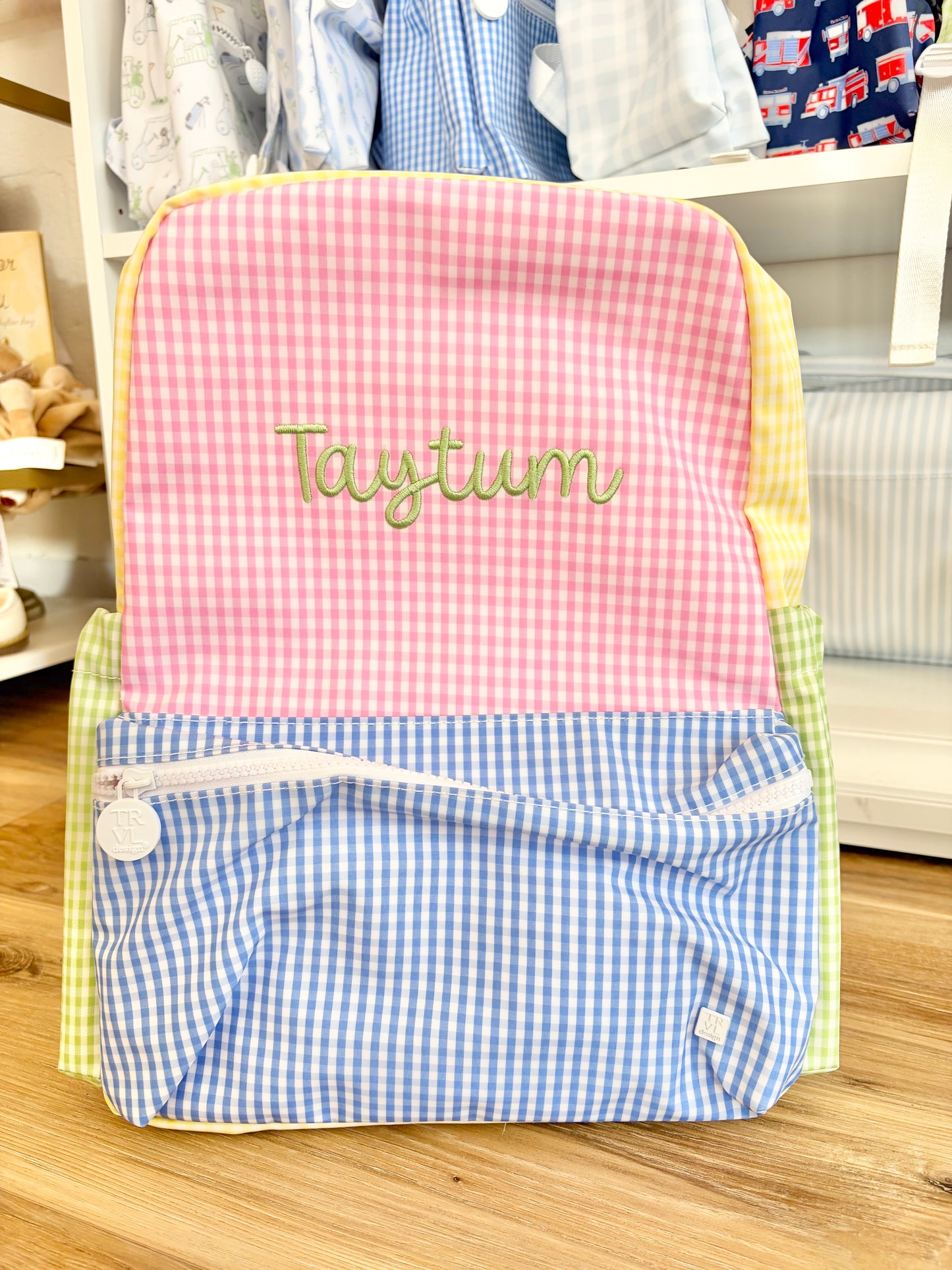 TRVL Pink Patch Backpack with Bubbly font