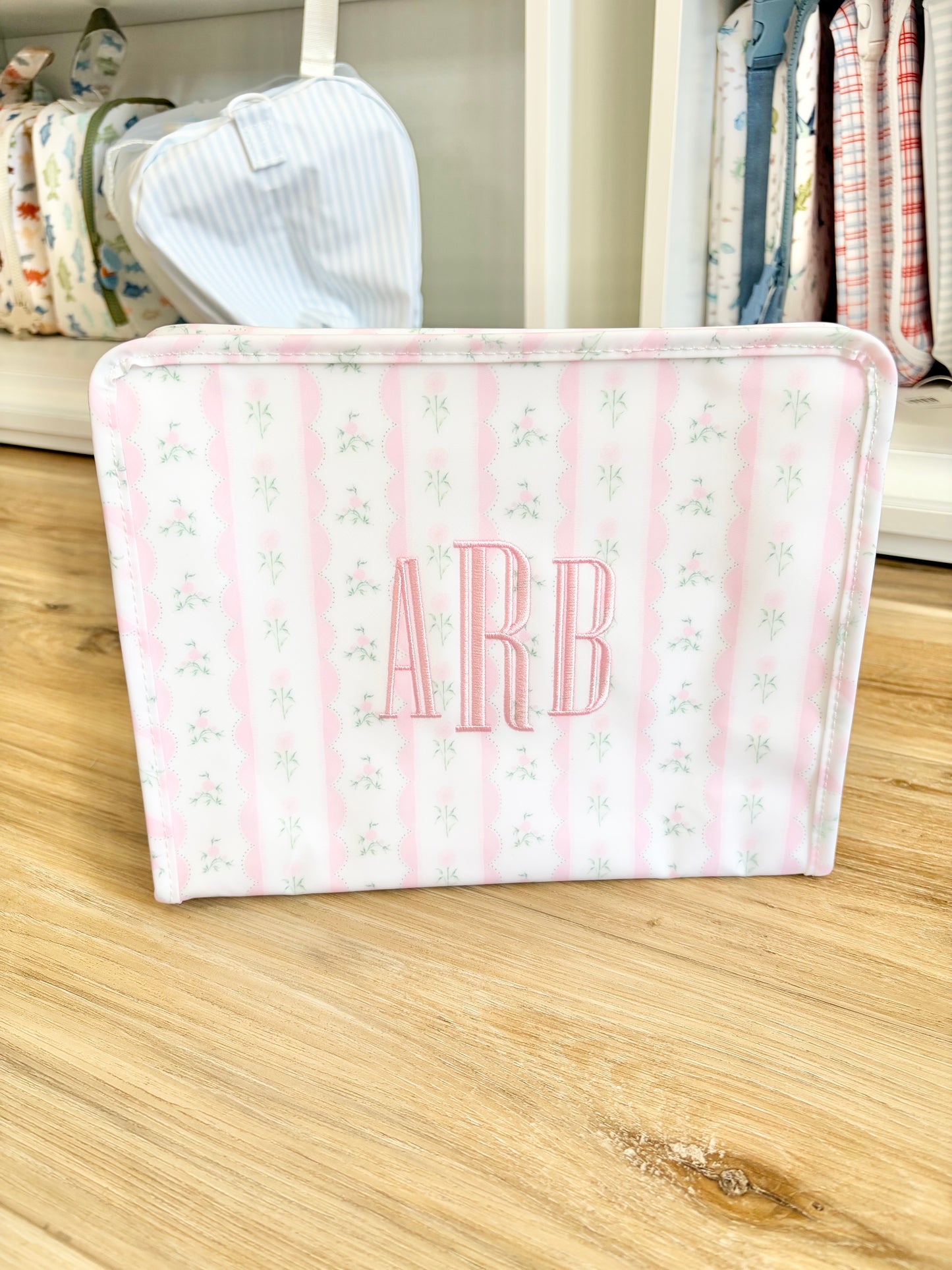 TRVL Pink Ribbon Floral Large Roadie with Graved Monogram