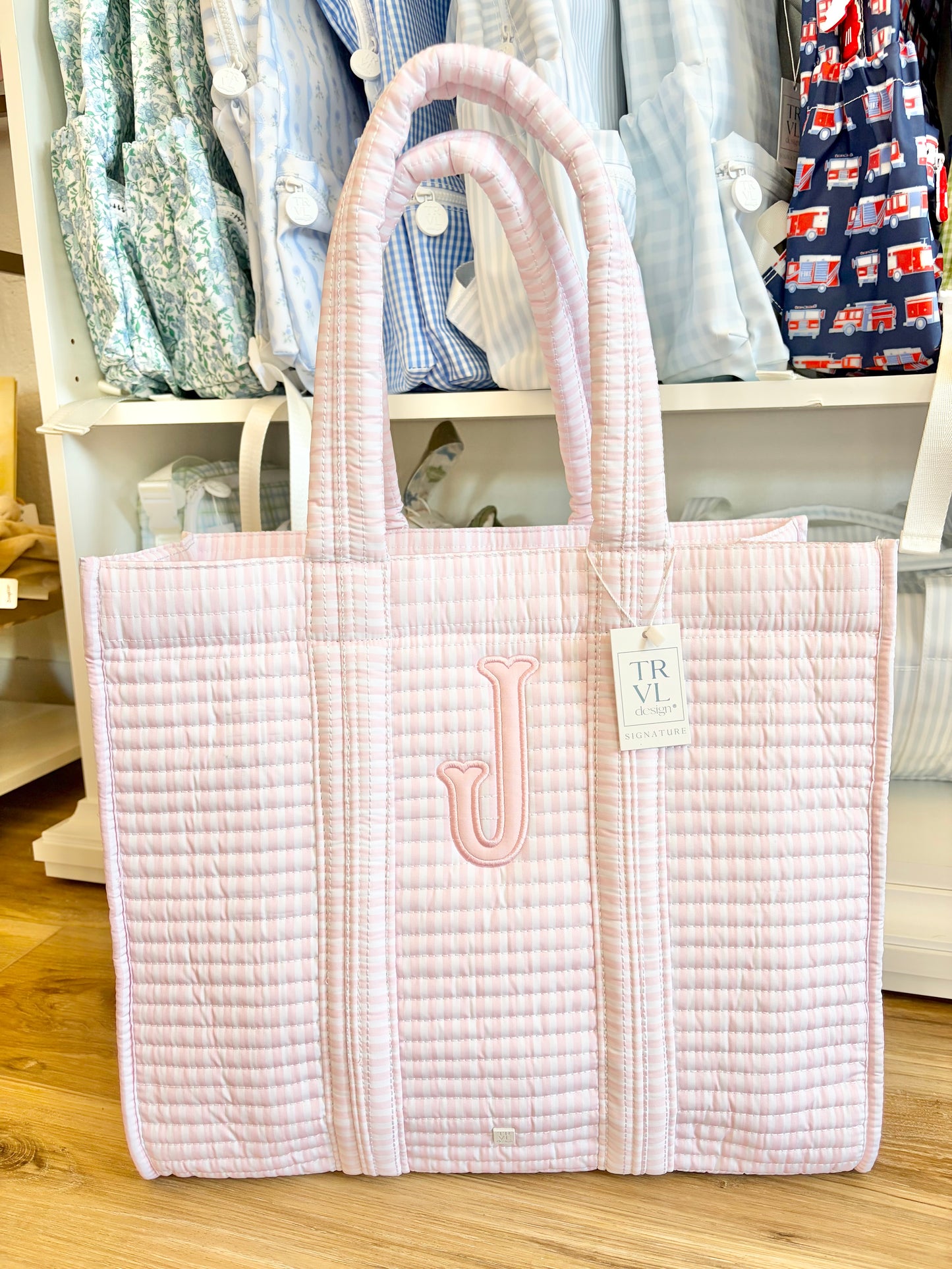 TRVL Pimlico Pink Stripe Quilted Tote with Single Initial