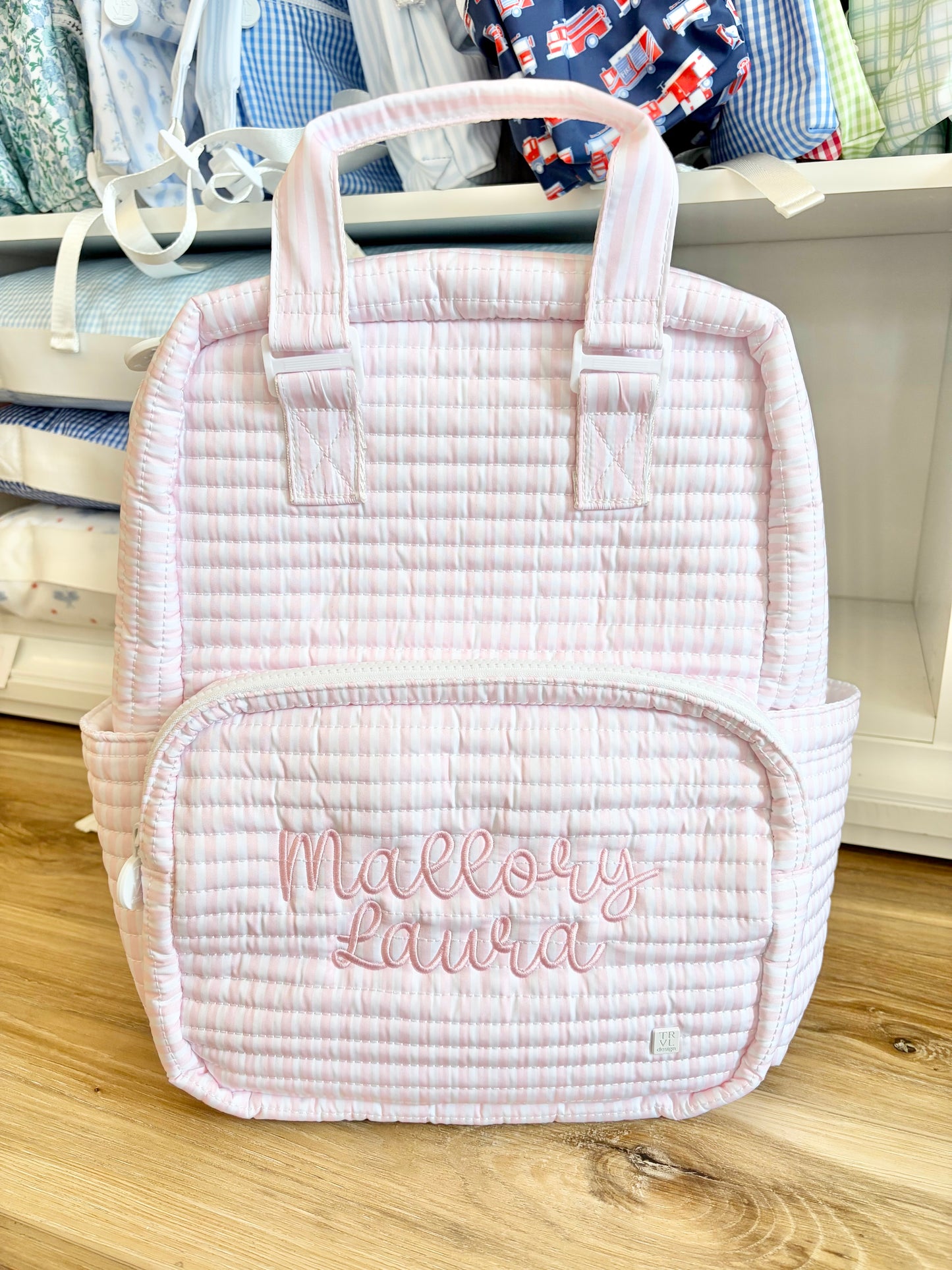 TRVL Pink Pimlico Stripe Quilted All You Need Bag - Double Bubbly font name