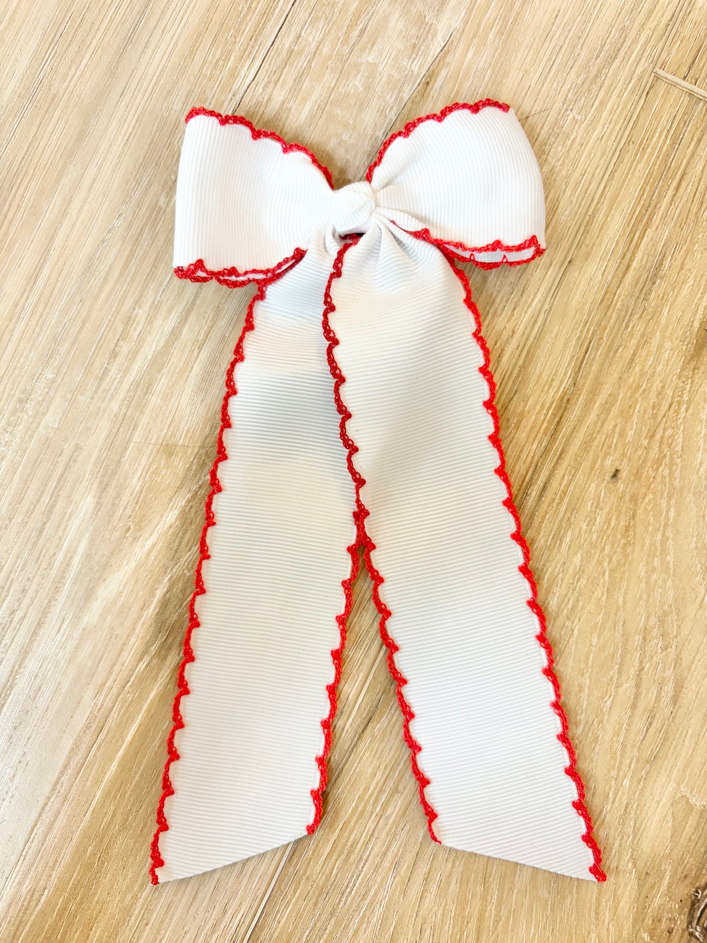 Long Tail White with Red Trim Hair Embroidered Hair Bow