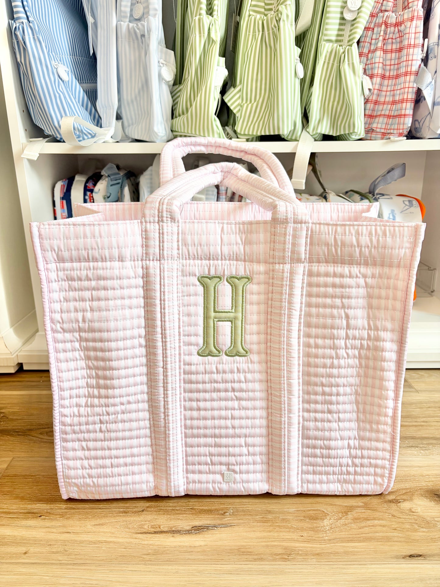 TRVL Pimlico Pink Stripe Quilted Tote with Single Initial