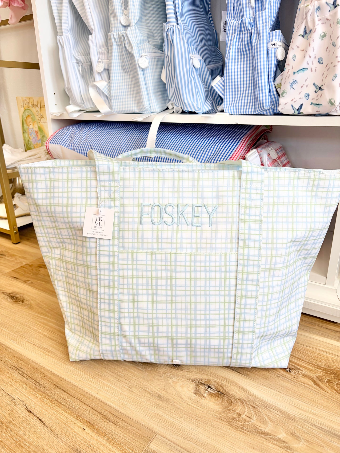 TRVL Classic Green Plaid XL Tote with Graham Font