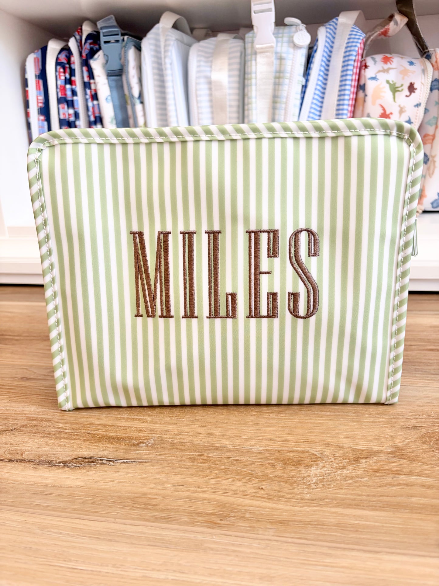 TRVL Pimlico Sage Stripe Large Roadie with Graved Font