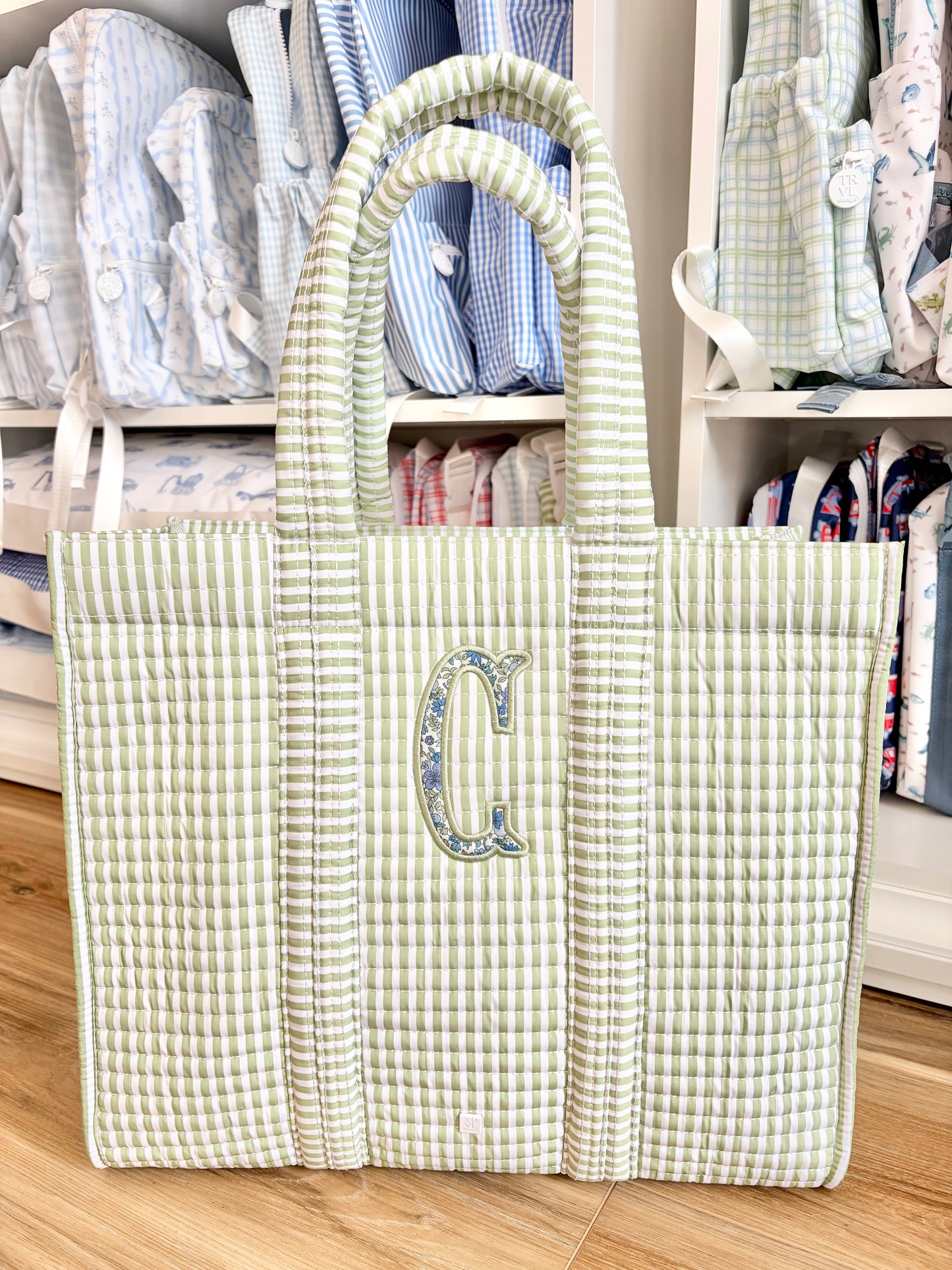TRVL Pimlico Sage Stripe Quilted Tote with Single Initial Applique