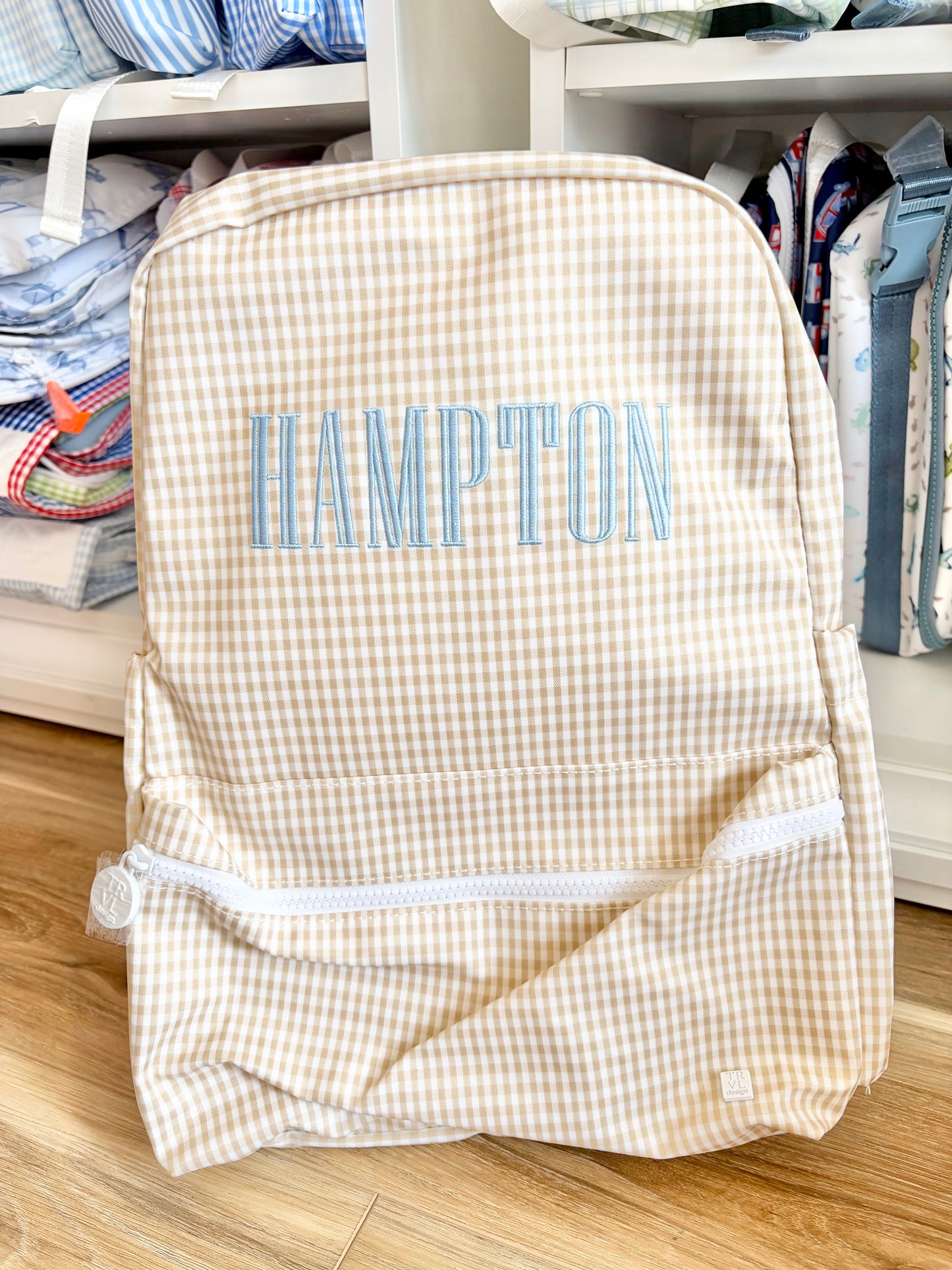 TRVL Khaki Gingham Backpacker - Graved Font Name