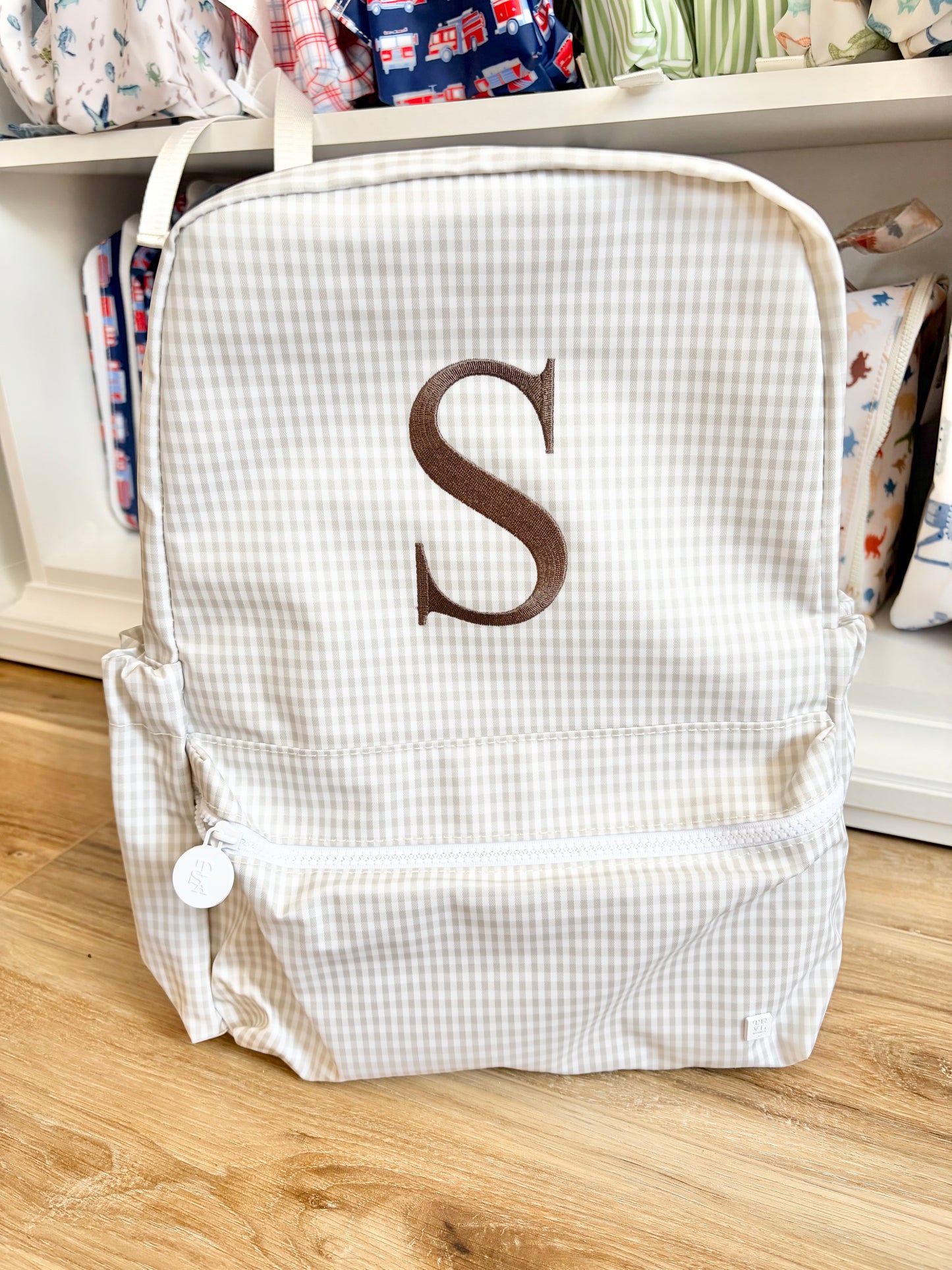 TRVL Gingham Pearl Backpack with Times Font Initial