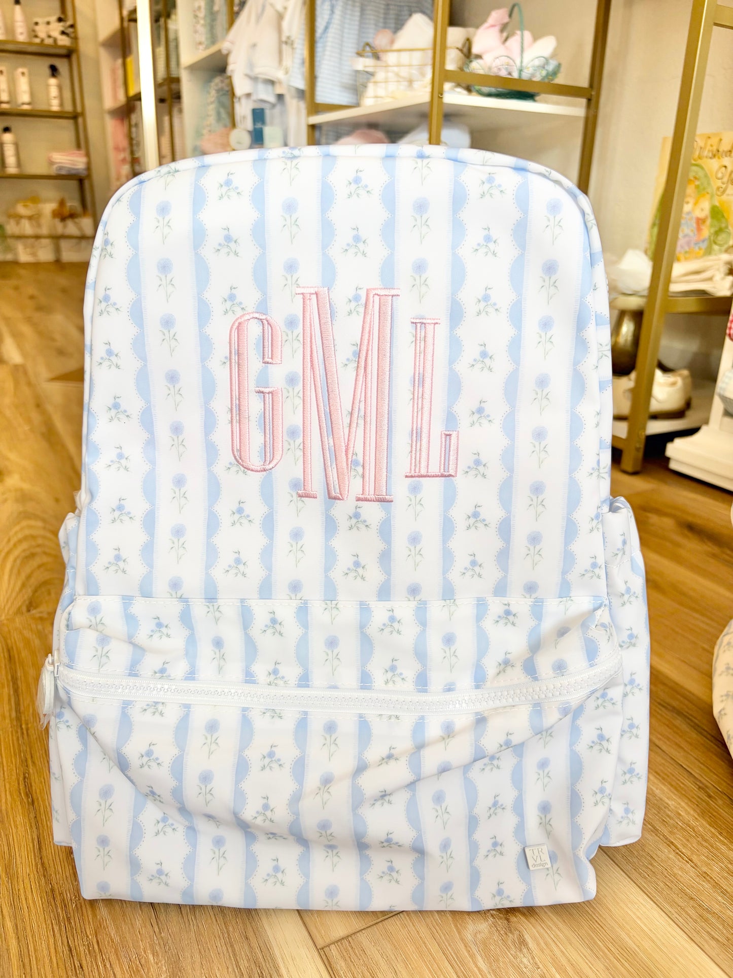 TRVL Blue Ribbon Floral Backpack with 3 Initials