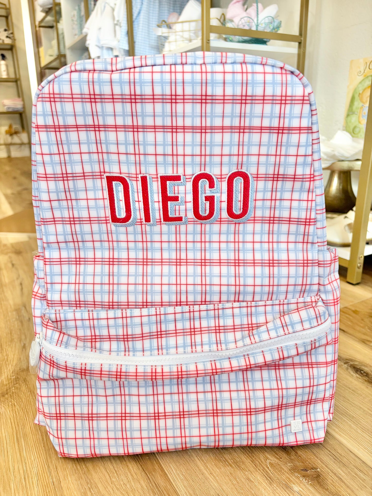 TRVL Classic Red Plaid Backpack with Single Name
