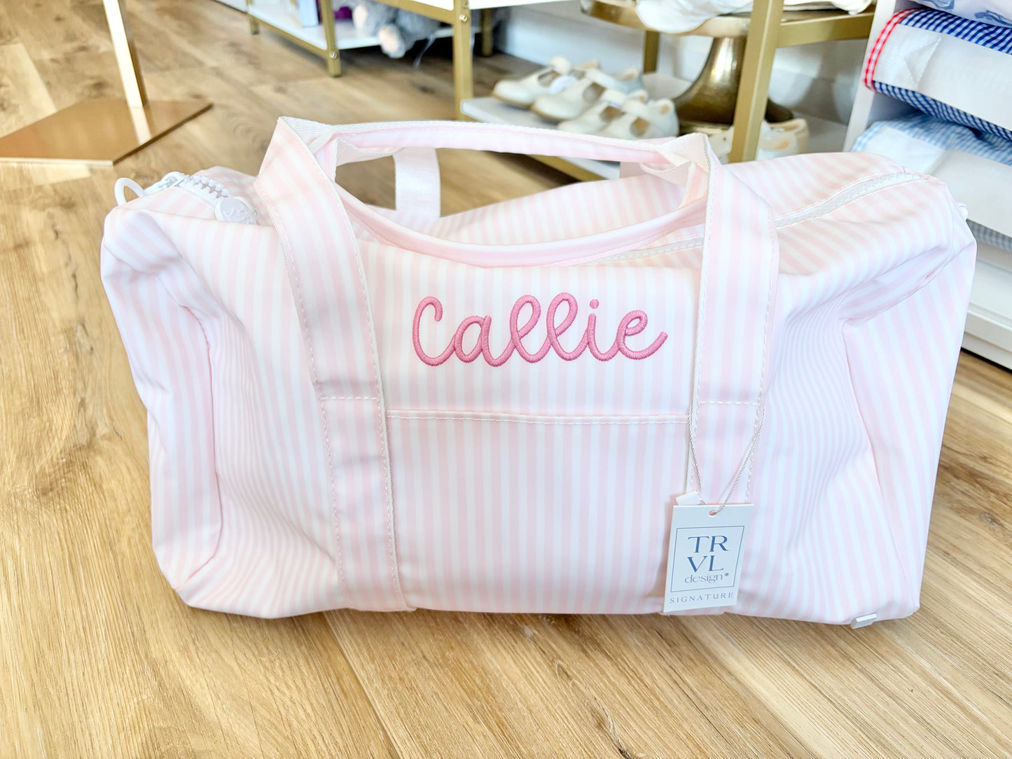 TRVL Pimlico Pink Stripe Duffle Bag with Bubbly Font Name