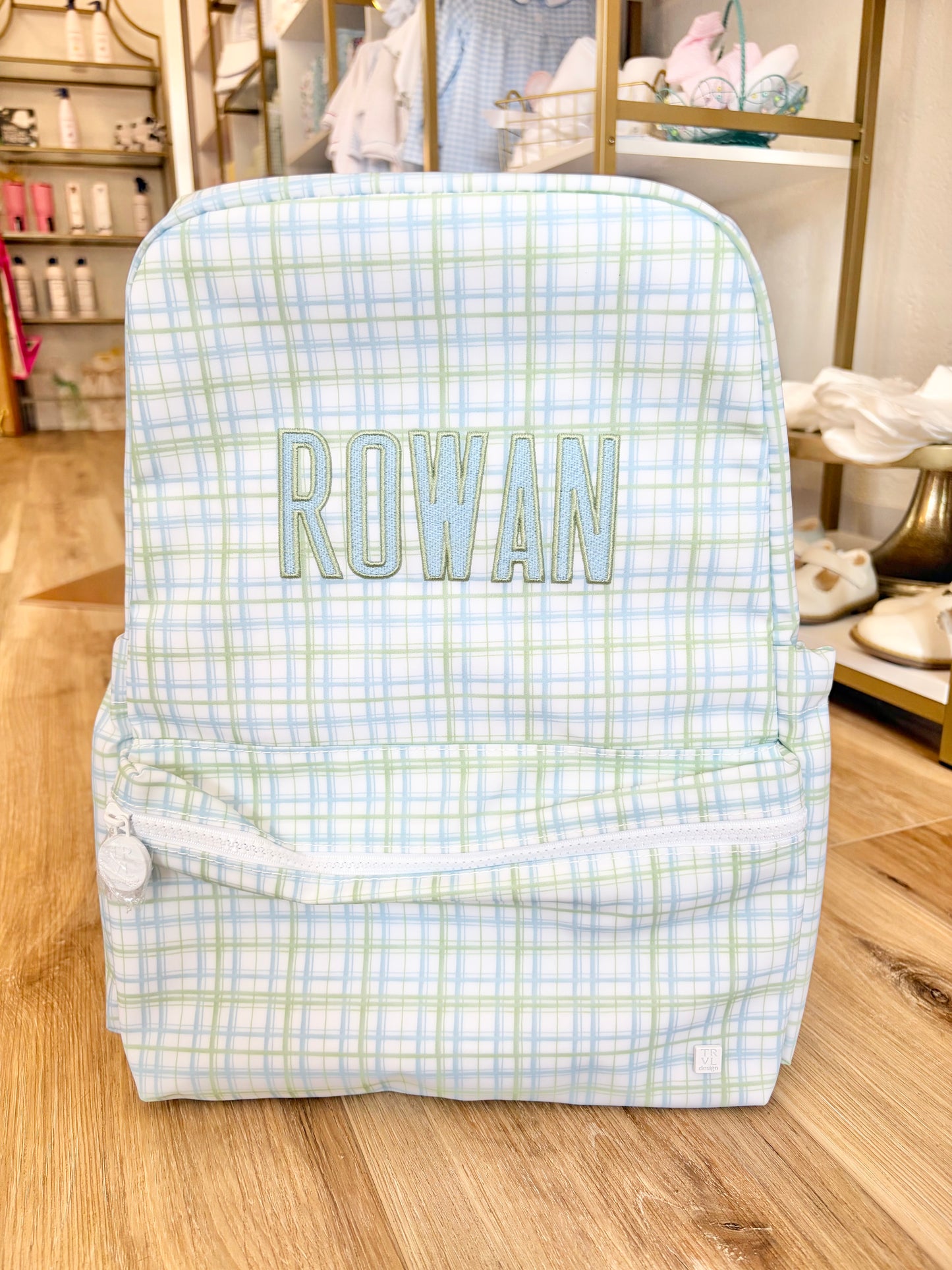 TRVL Classic Green Plaid Backpack with Single Name
