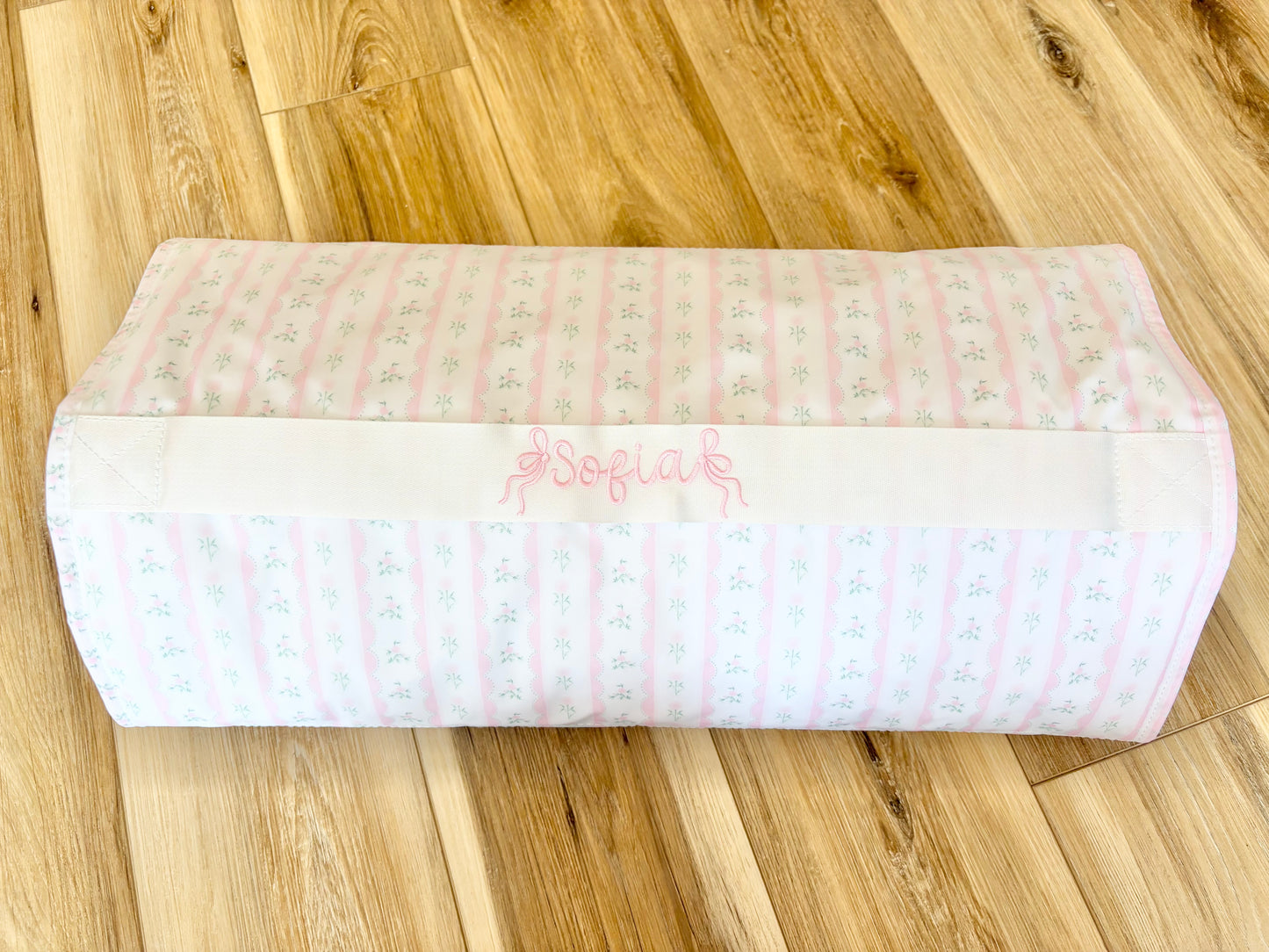 TRVL Pink Ribbon Floral Nap Mat with Bubbly Font Name