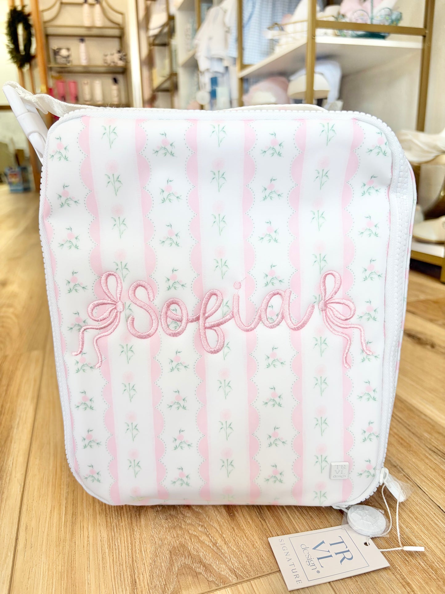 TRVL Pink Ribbon Floral Insulated Lunch Box with Bubbly Font Name