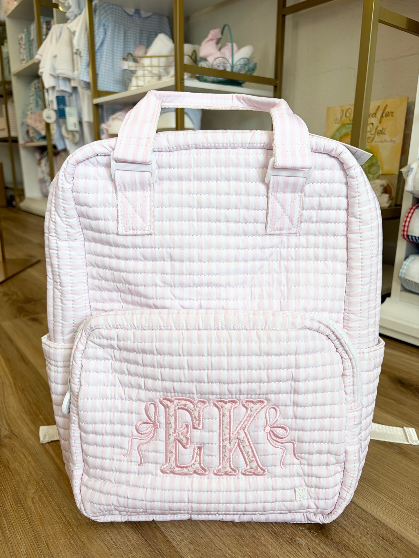 TRVL Pimlico Pink Stripe Quilted All You Need Bag with Double Initital
